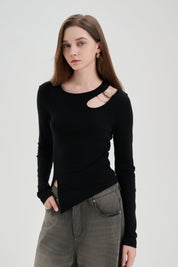 Black Hollow Slit Long-sleeve T-shirt