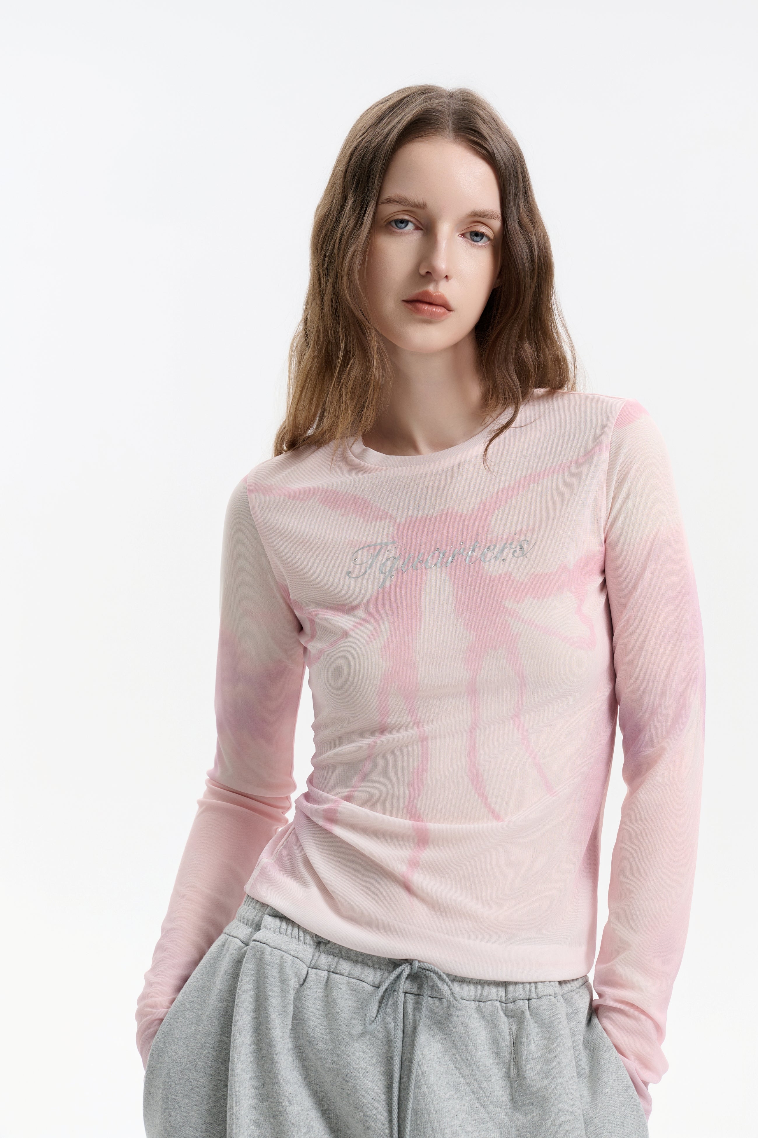 Pink Print Silver Logo long Sleeve Top – THREE QUARTERS