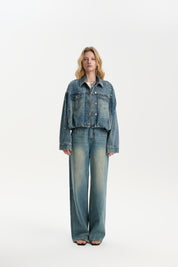 Floral Pleated Design Short Denim Jacket