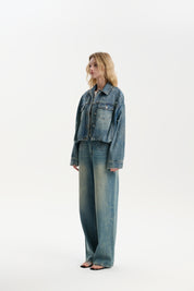 Floral Pleated Design Short Denim Jacket
