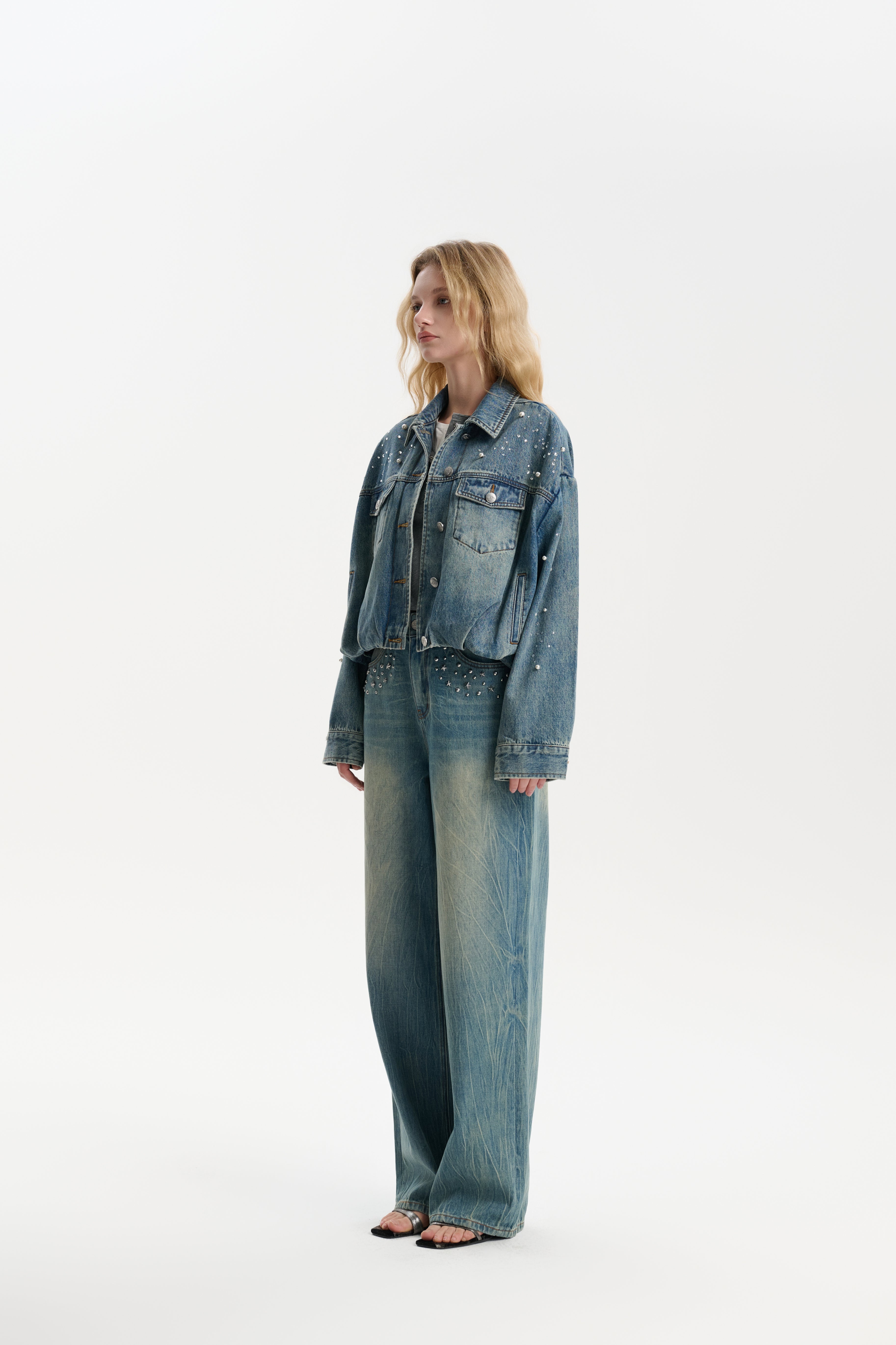 Floral Pleated Design Short Denim Jacket