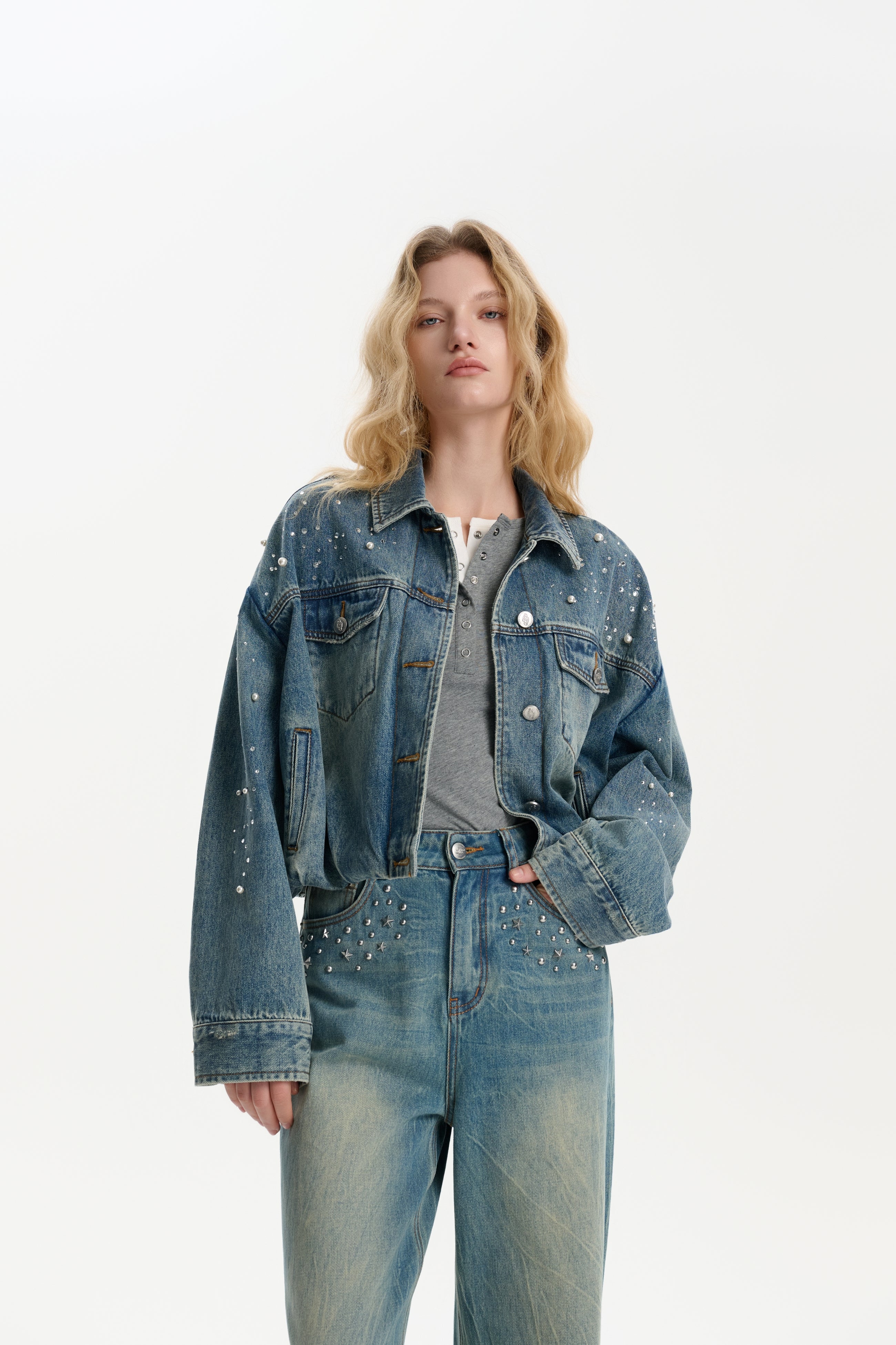 Floral Pleated Design Short Denim Jacket