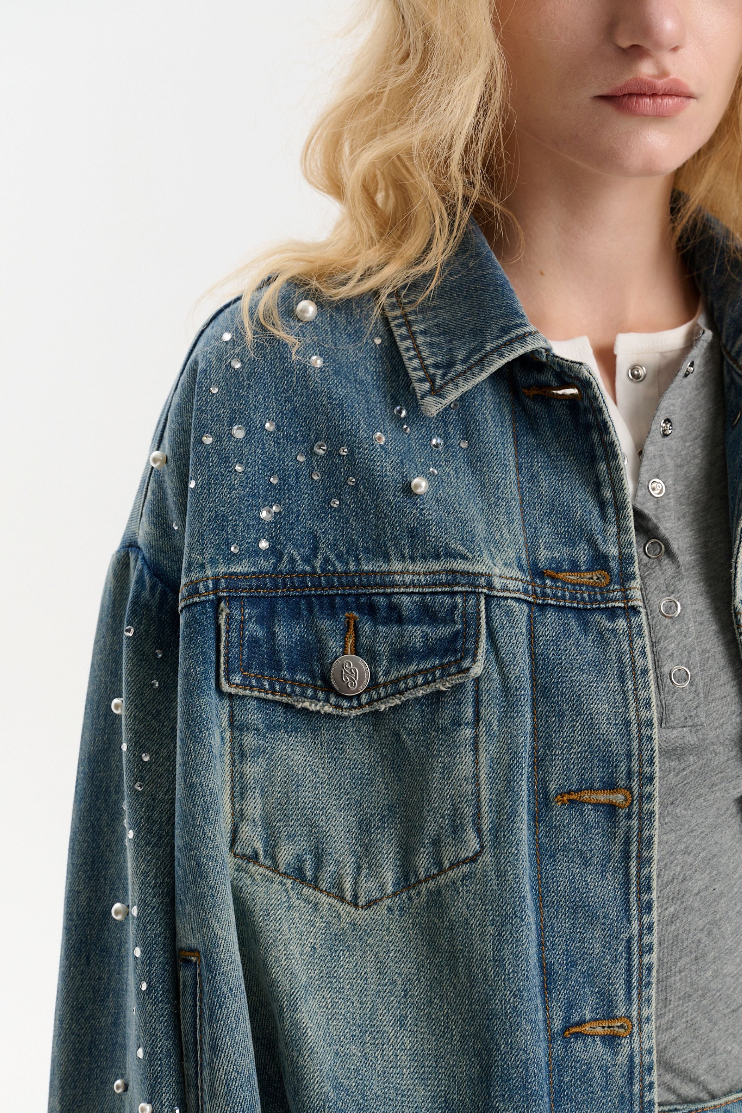 Floral Pleated Design Short Denim Jacket
