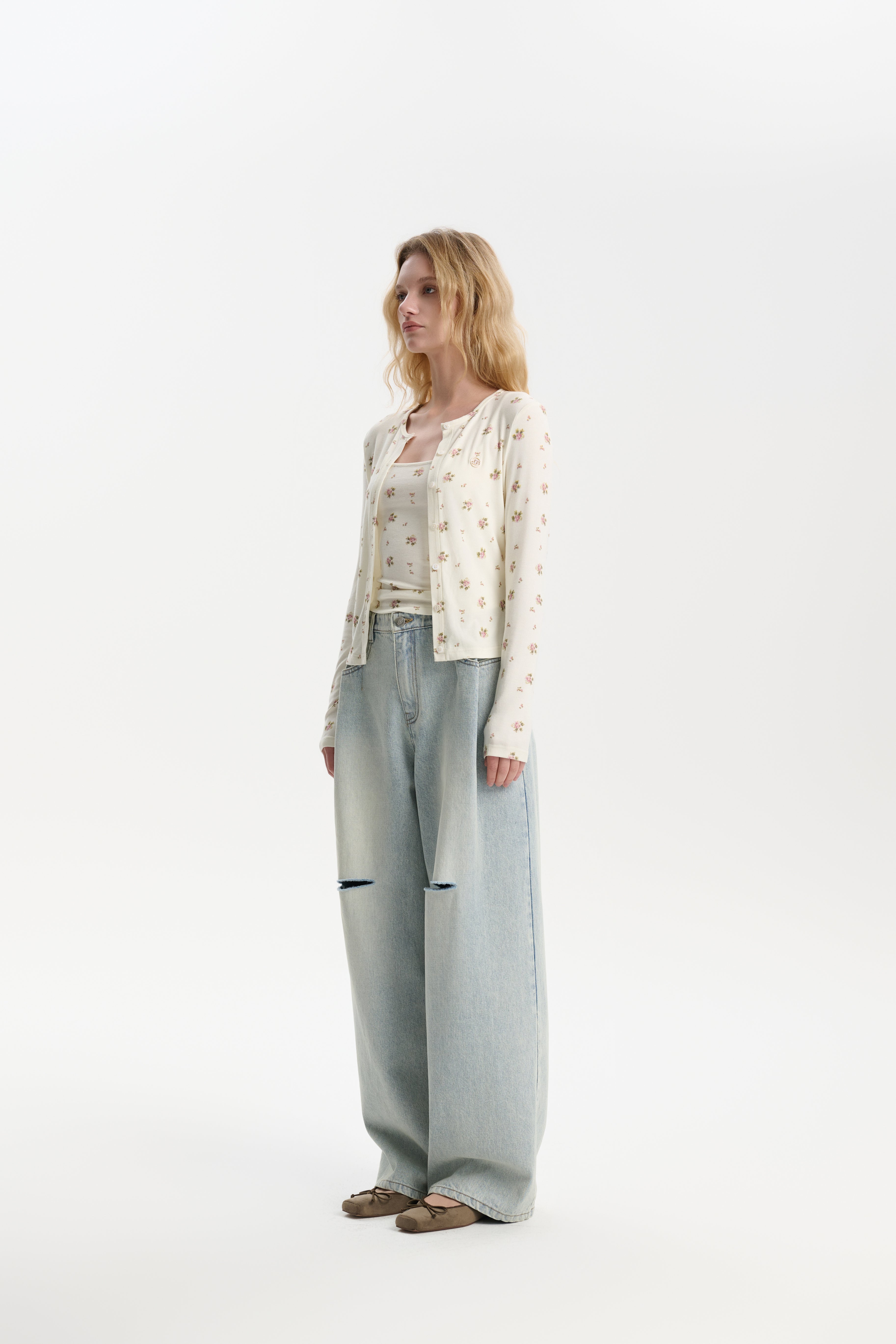 Beige Floral Print Two-piece Knitwear