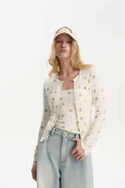 Beige Floral Print Two-piece Knitwear