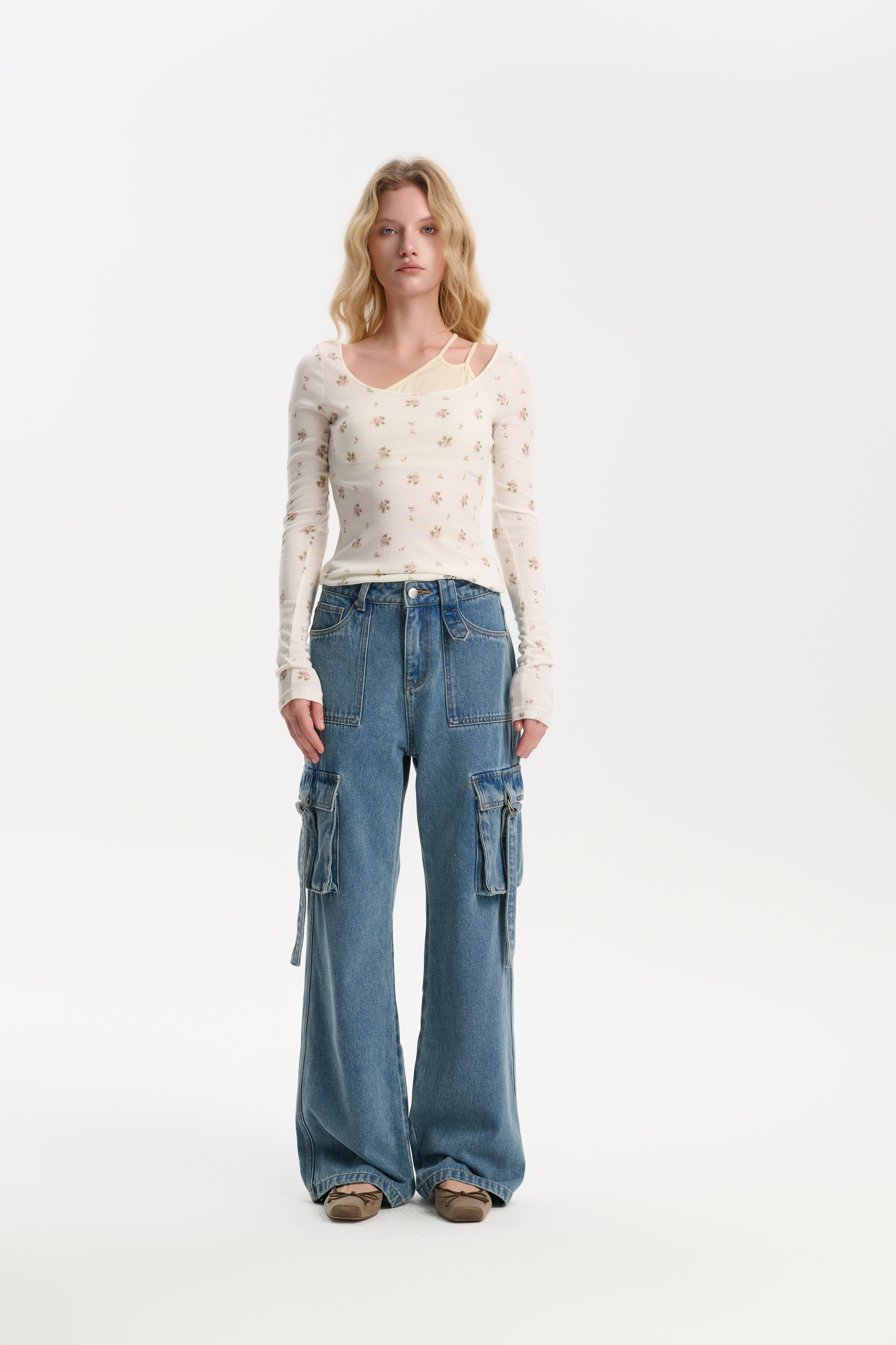 Beige Floral Wool Deconstructed Top