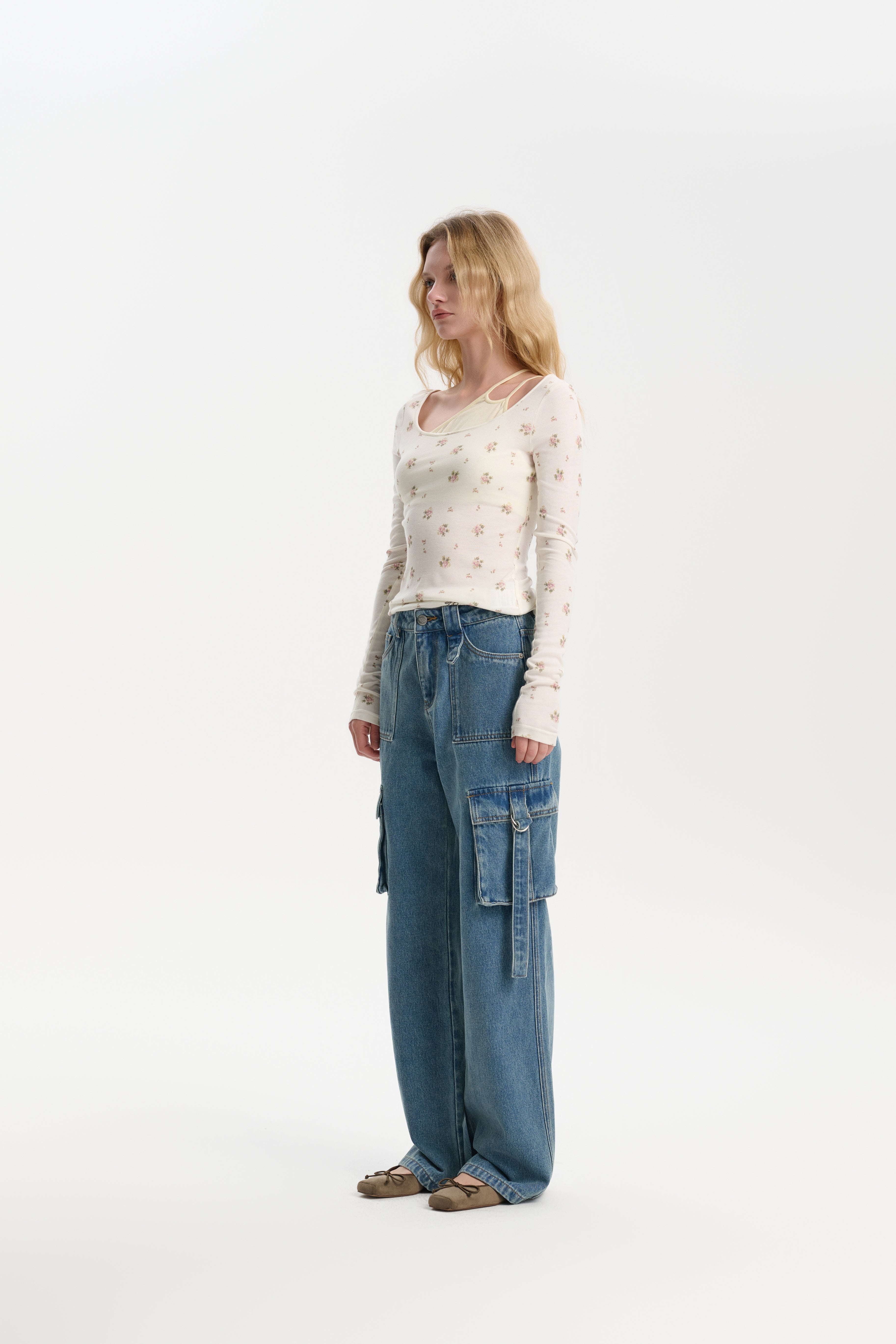Beige Floral Wool Deconstructed Top