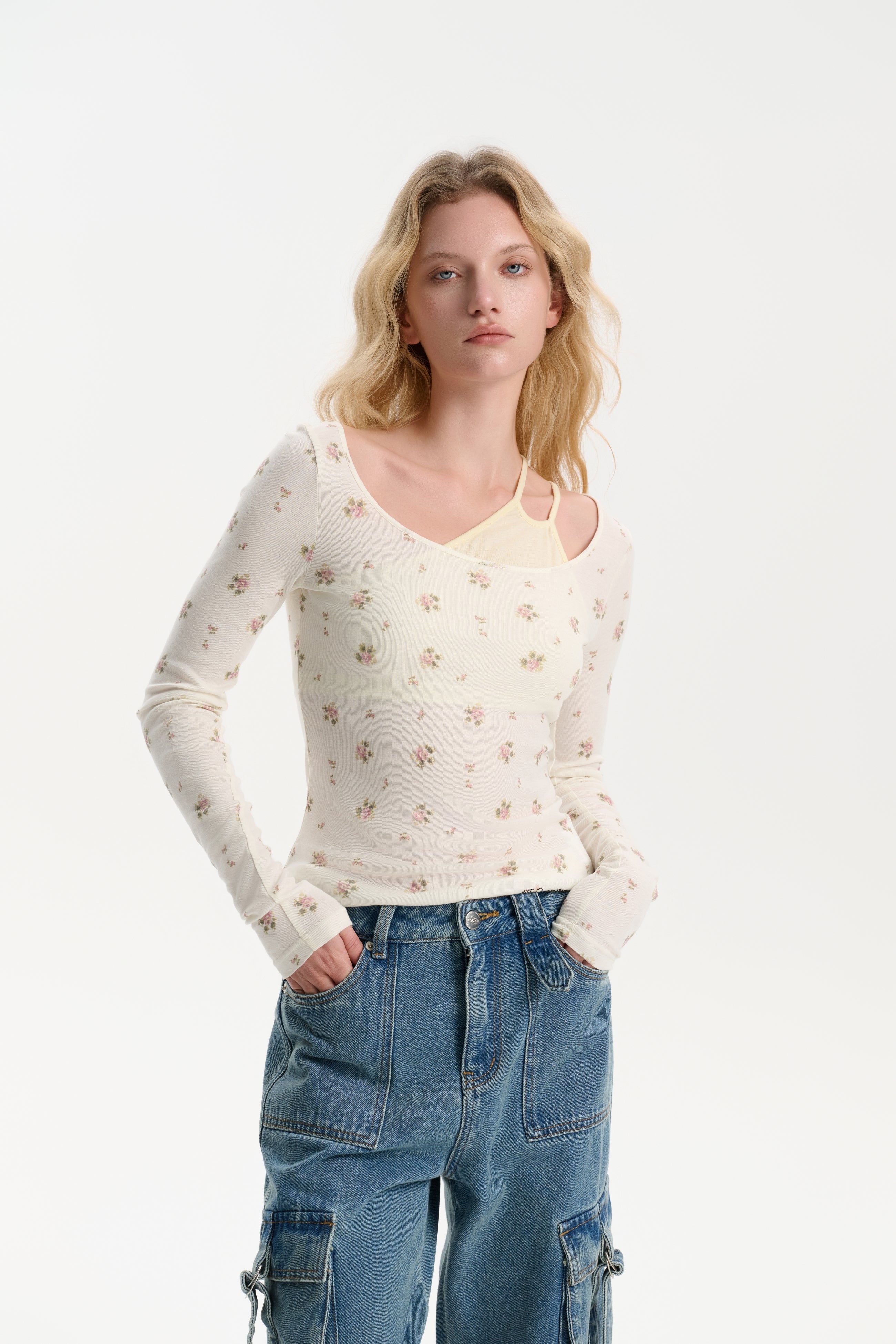 Beige Floral Wool Deconstructed Top