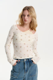 Beige Floral Wool Deconstructed Top
