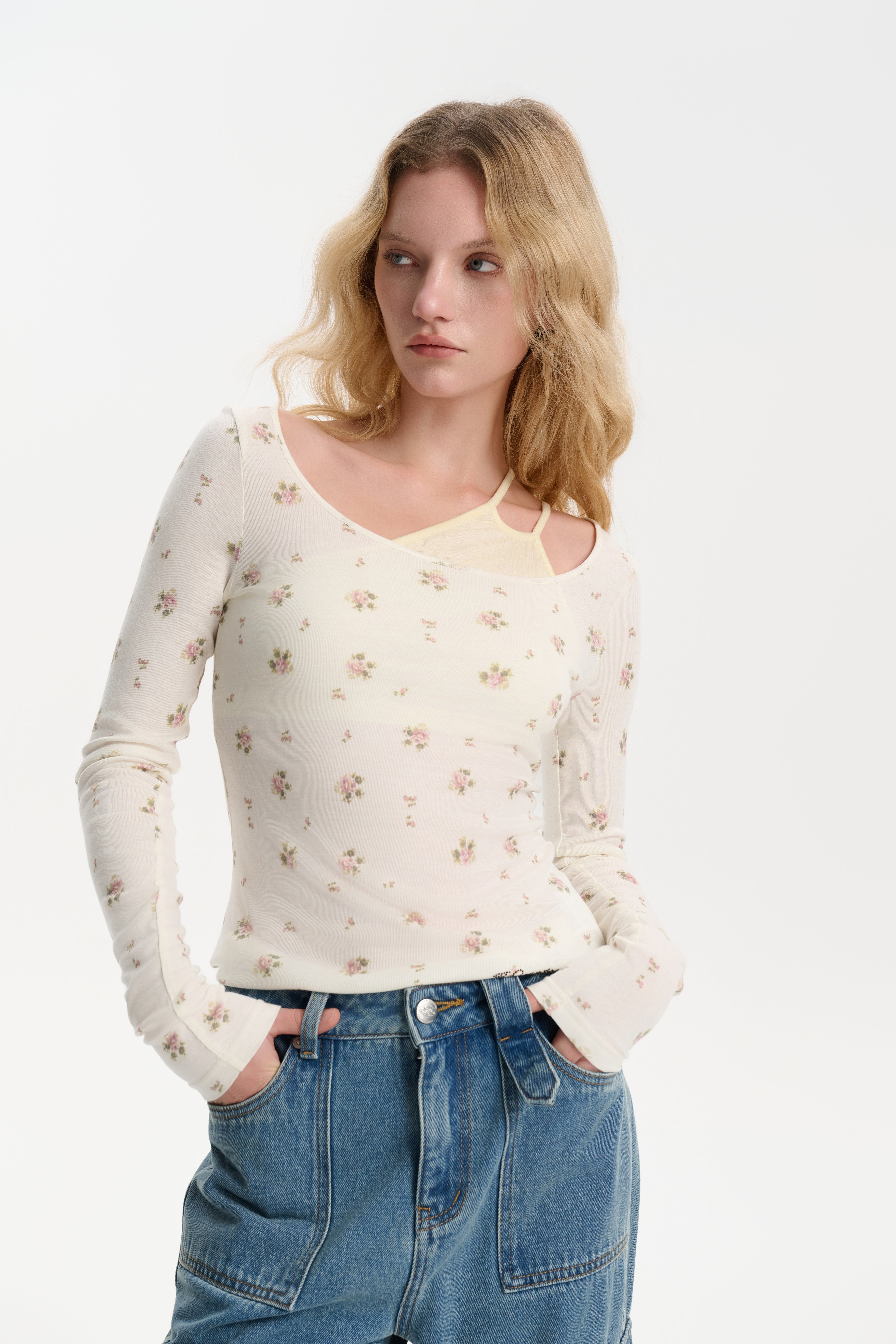 Beige Floral Wool Deconstructed Top