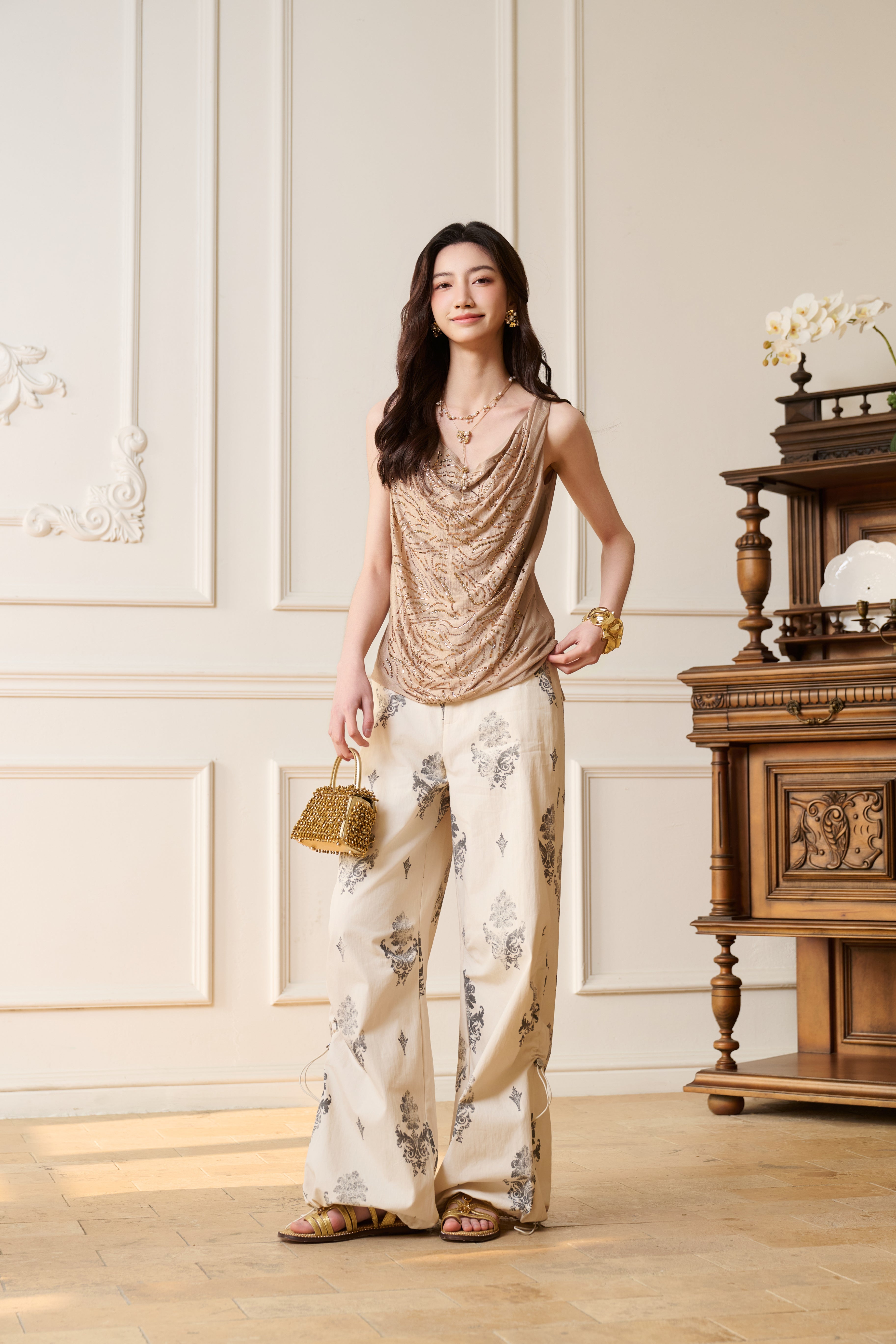 Khaki Printed Pleated Utility Paratrooper Pants