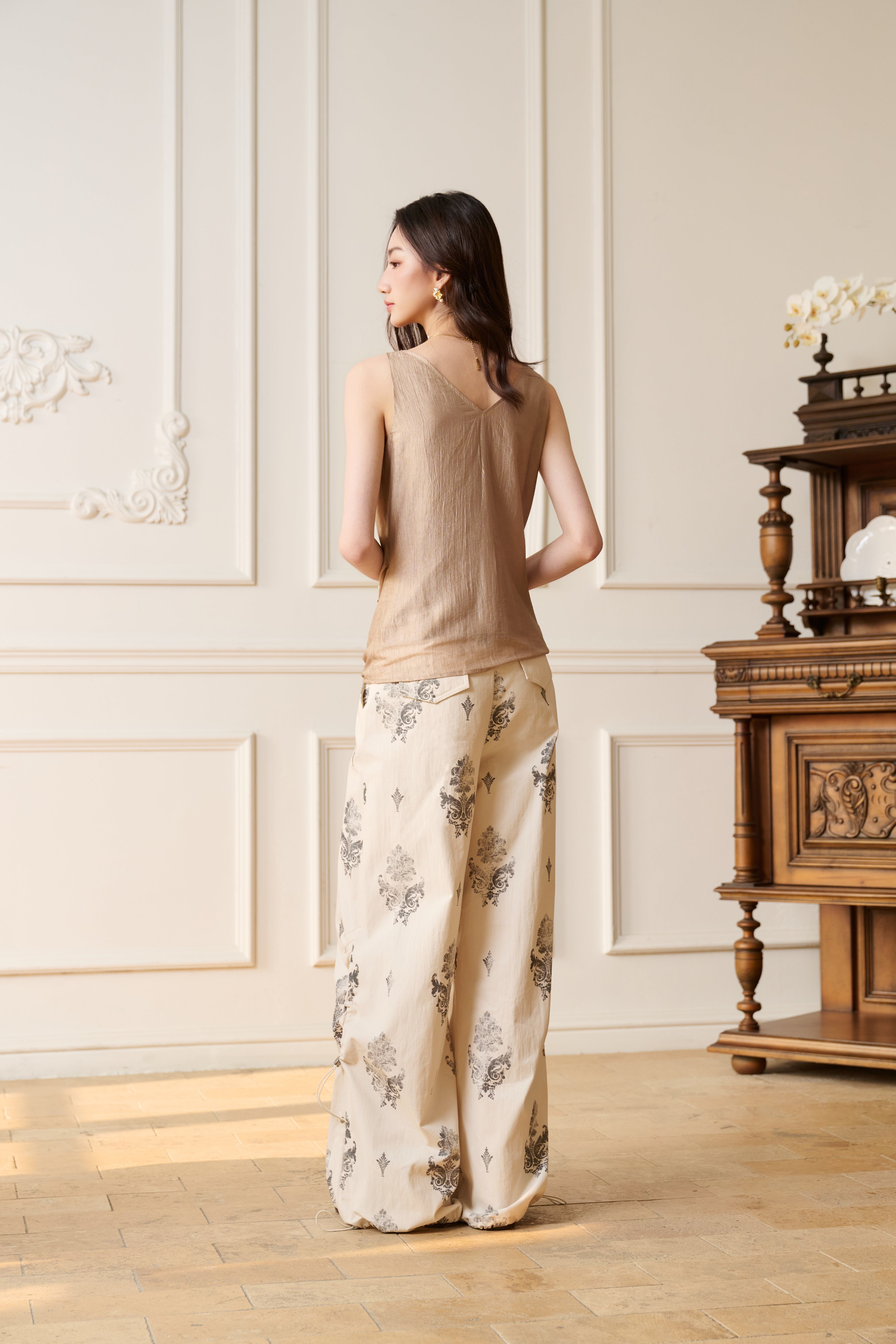 Khaki Printed Pleated Utility Paratrooper Pants