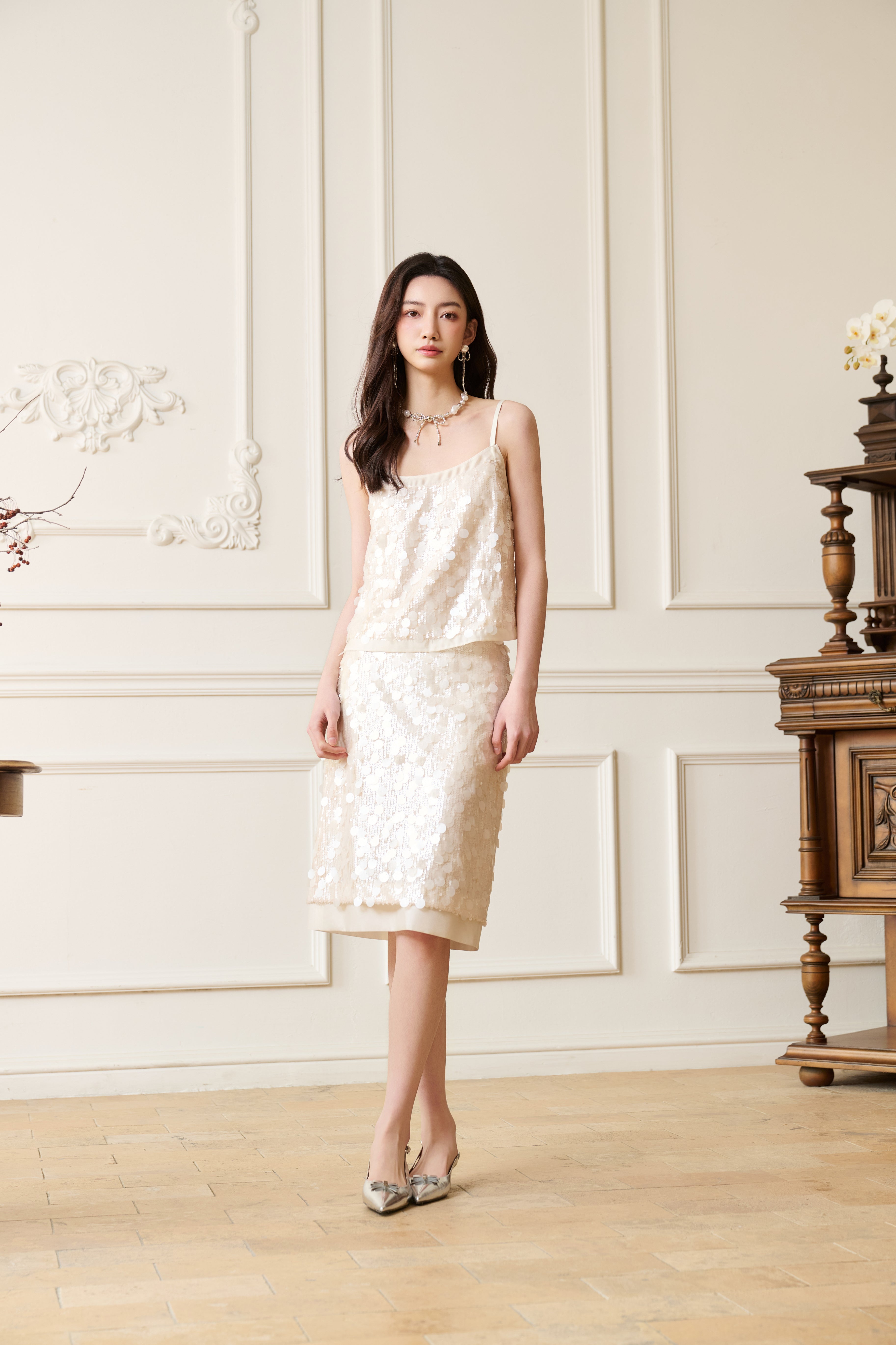 Beige Sequin Straight Skirt