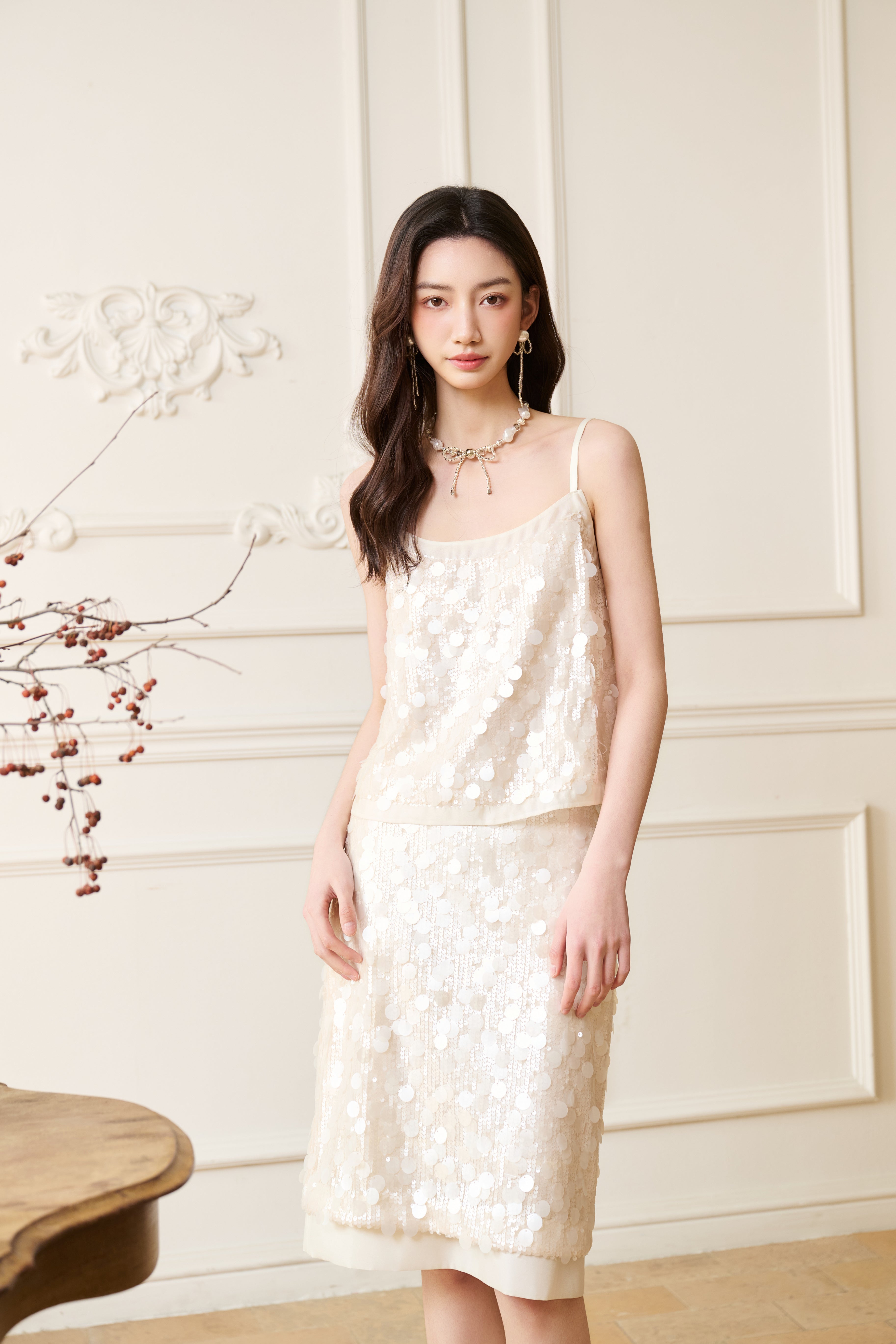Beige Sequin Straight Skirt
