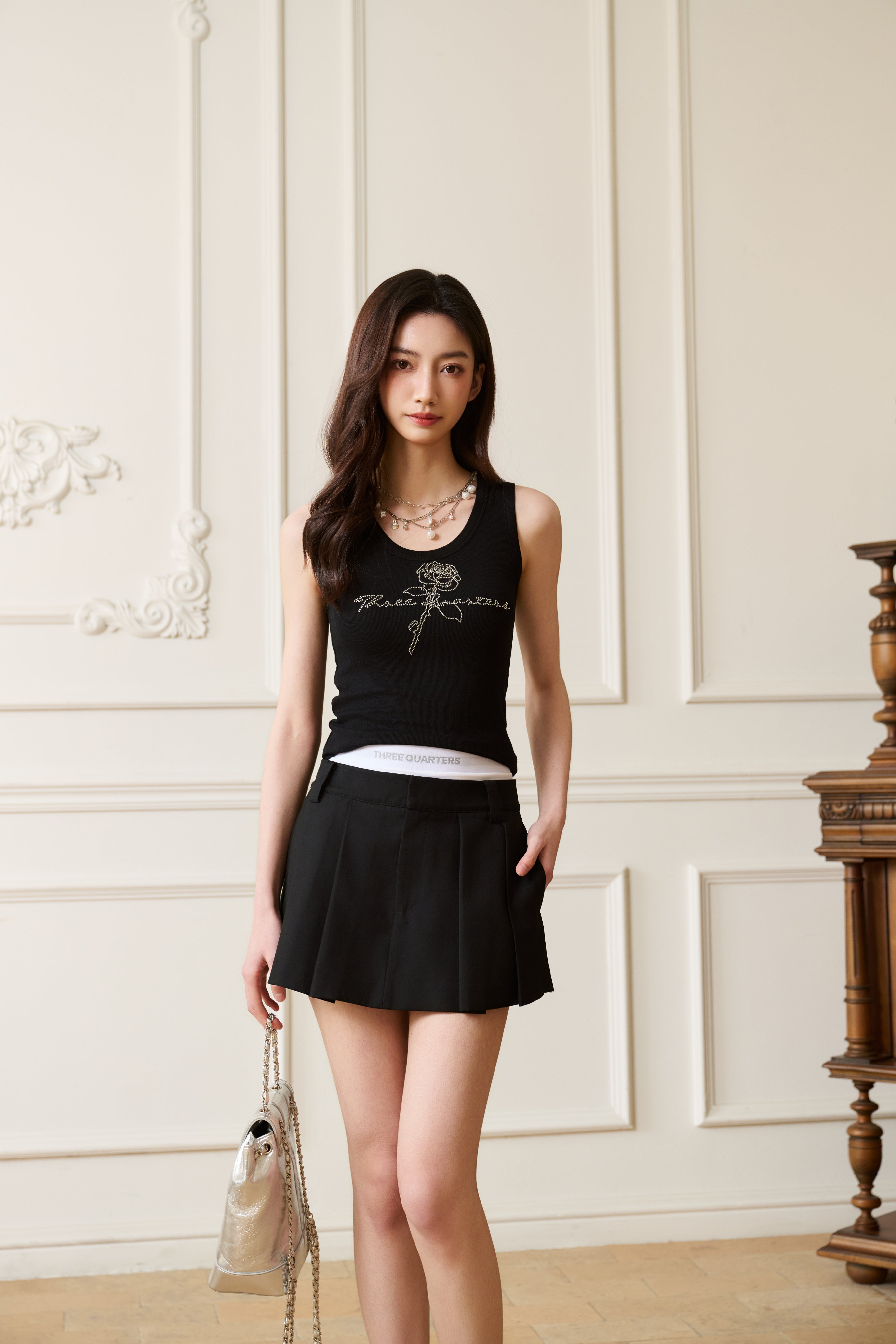 Black Logo Waistband Pleated Skort