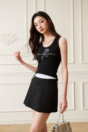 Black Logo Waistband Pleated Skort