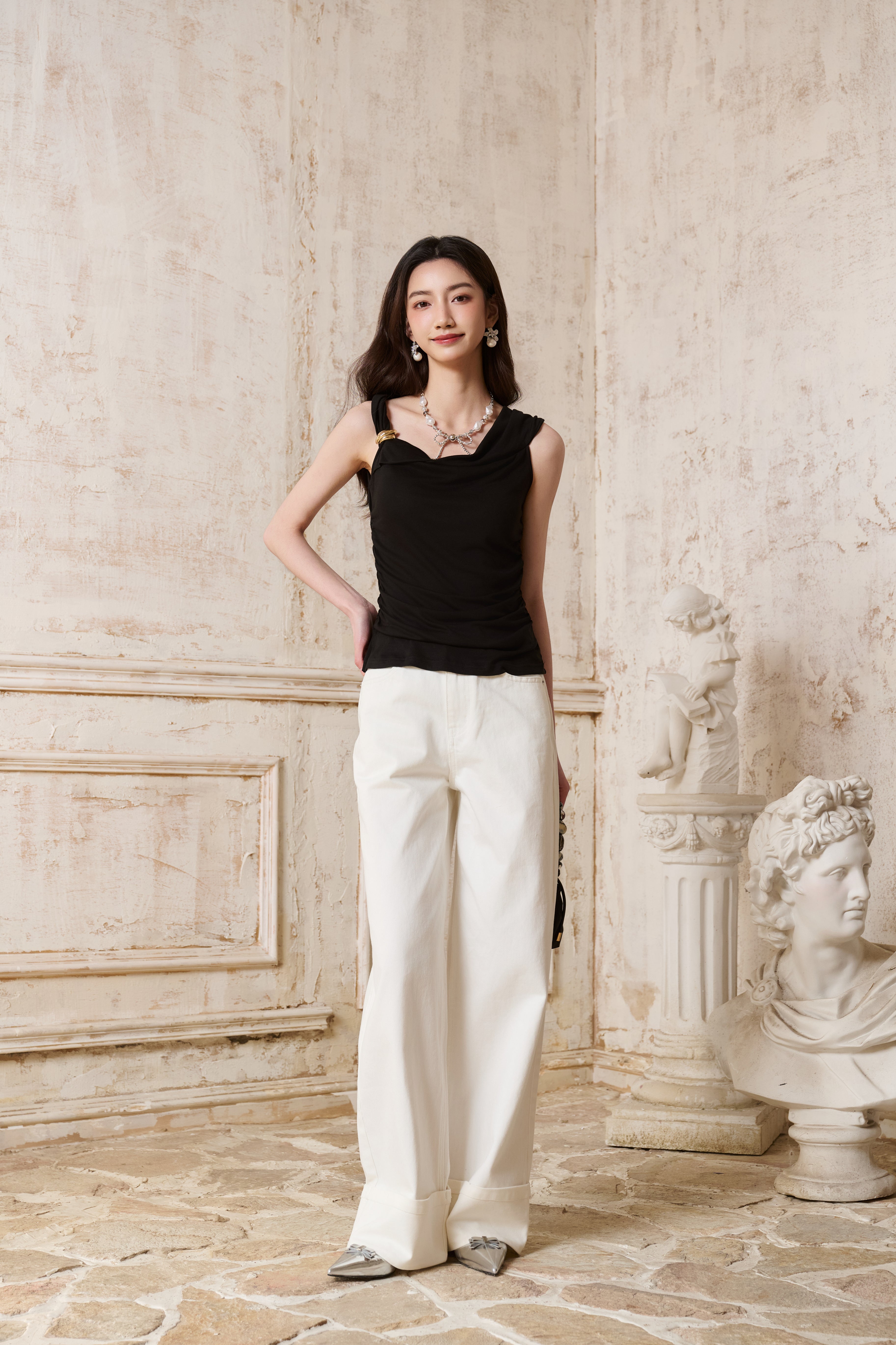 White Cuffed Wide-Leg Jeans
