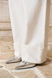 White Cuffed Wide-Leg Jeans
