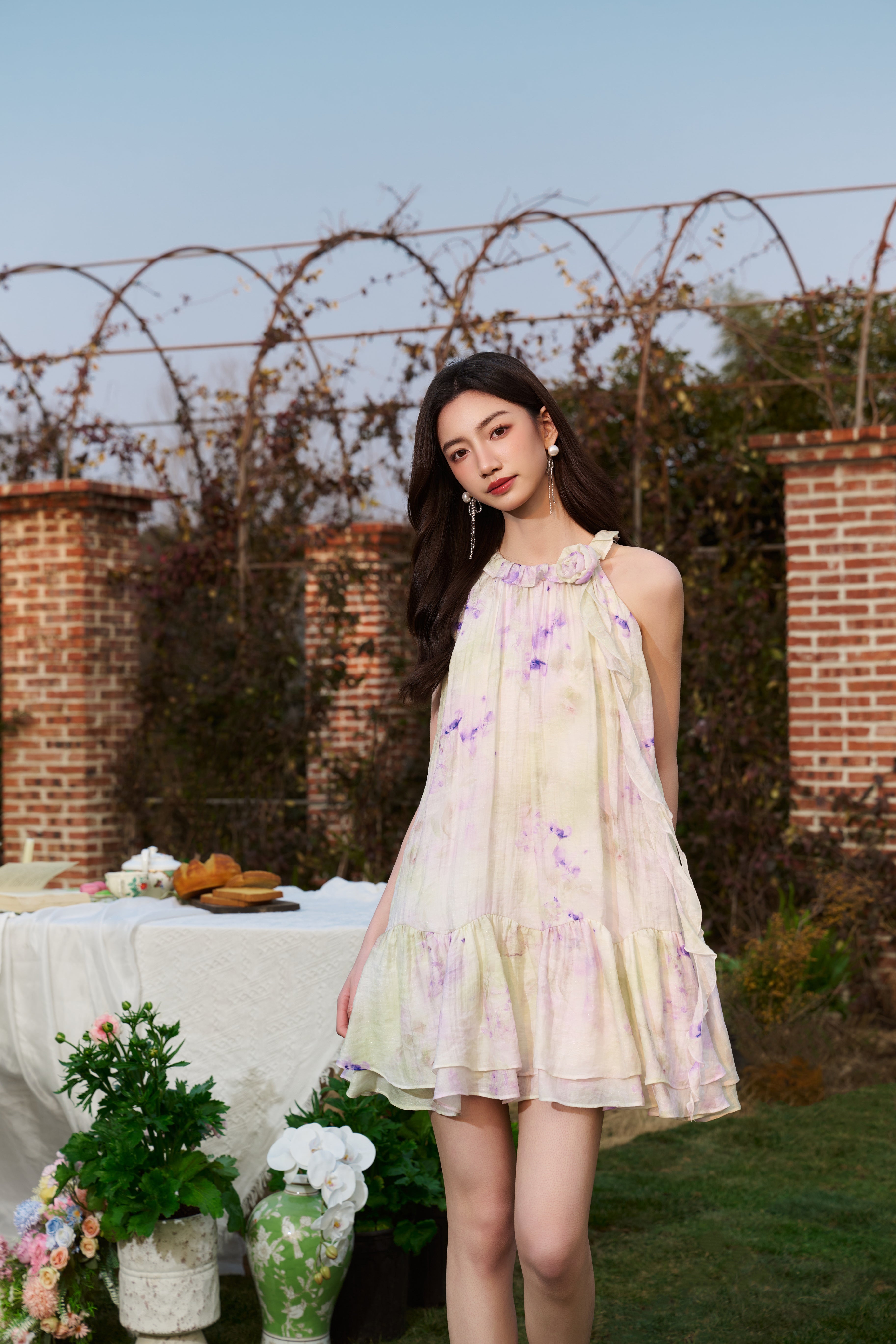 Green and Purple Tie-Dye Halter Dress