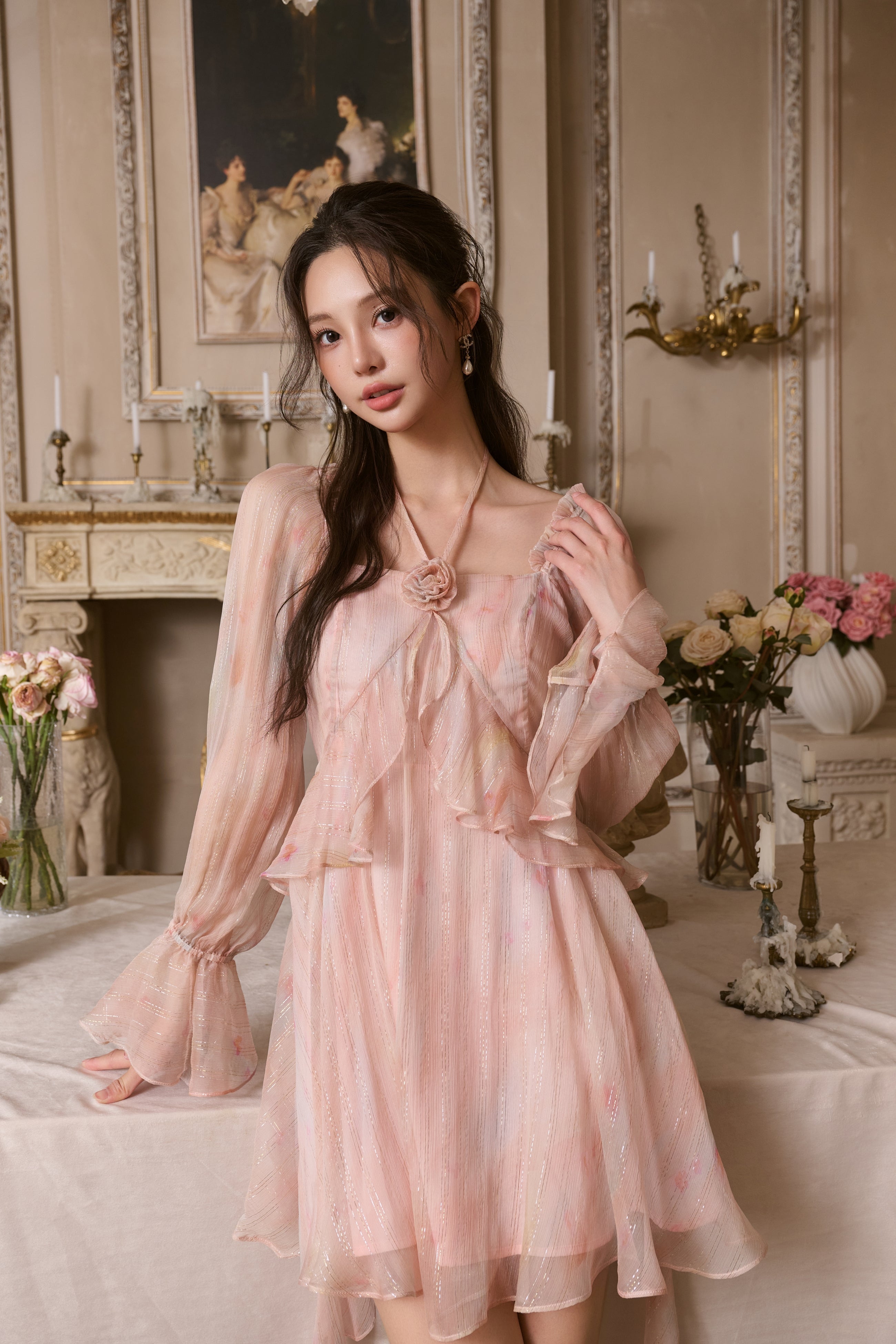 Pink Silk Lotus Ribbon Dress