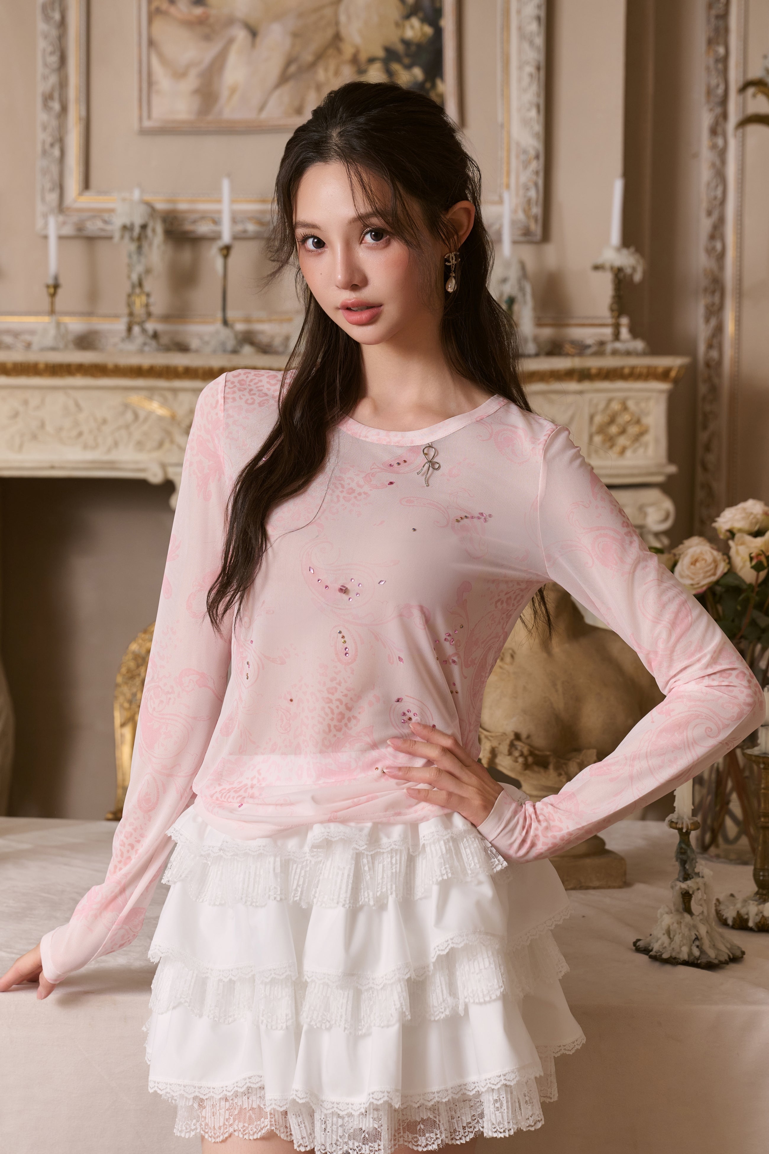 Pink Printed Diamond Base Top