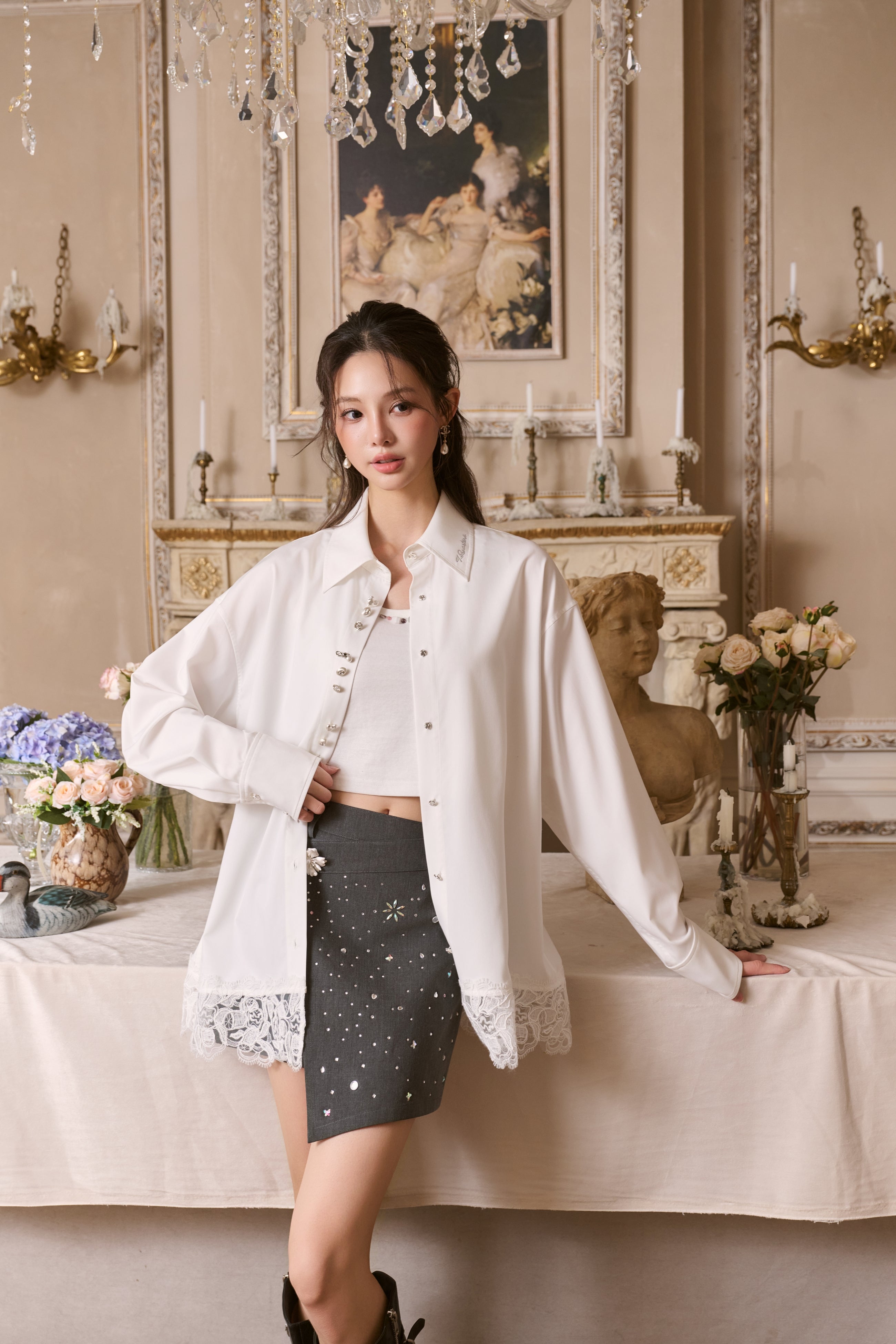 White Shaped Button Lace Loose Shirt