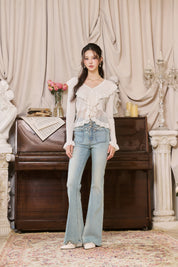 White Ruffled V-neck Hollow Cardigan
