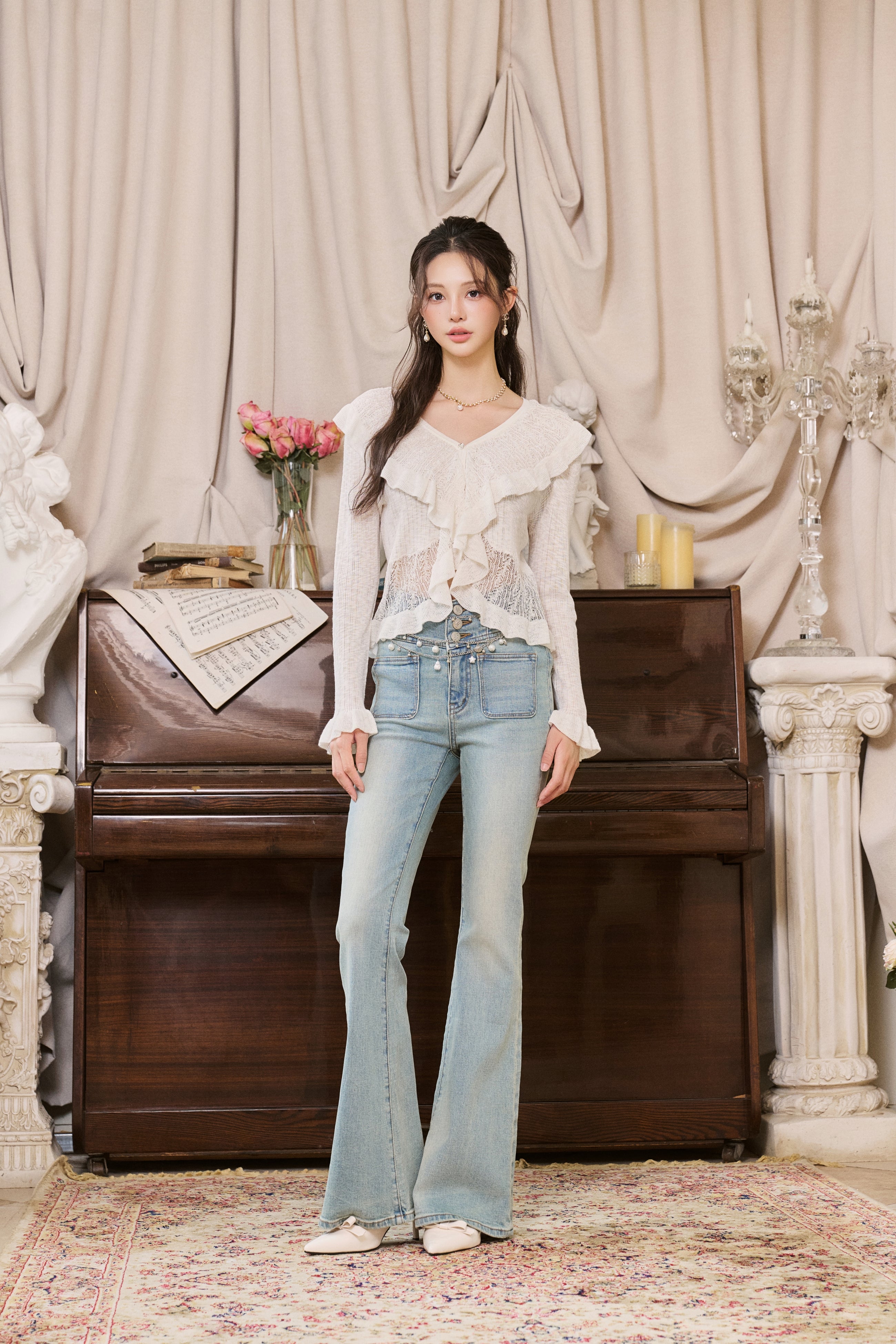 White Ruffled V-neck Hollow Cardigan