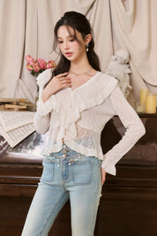 White Ruffled V-neck Hollow Cardigan