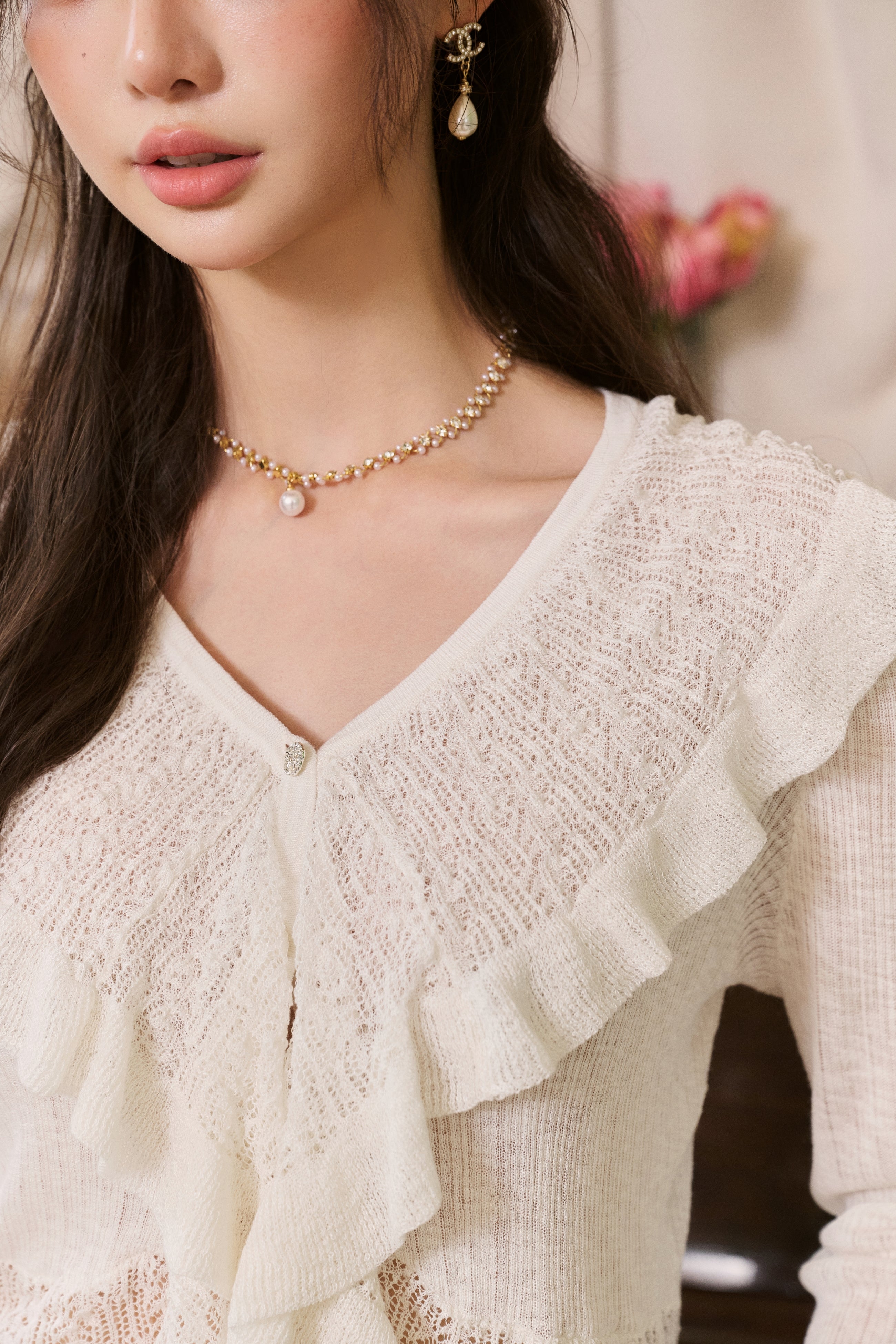 White Ruffled V-neck Hollow Cardigan