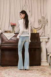 White Ruffled V-neck Hollow Cardigan