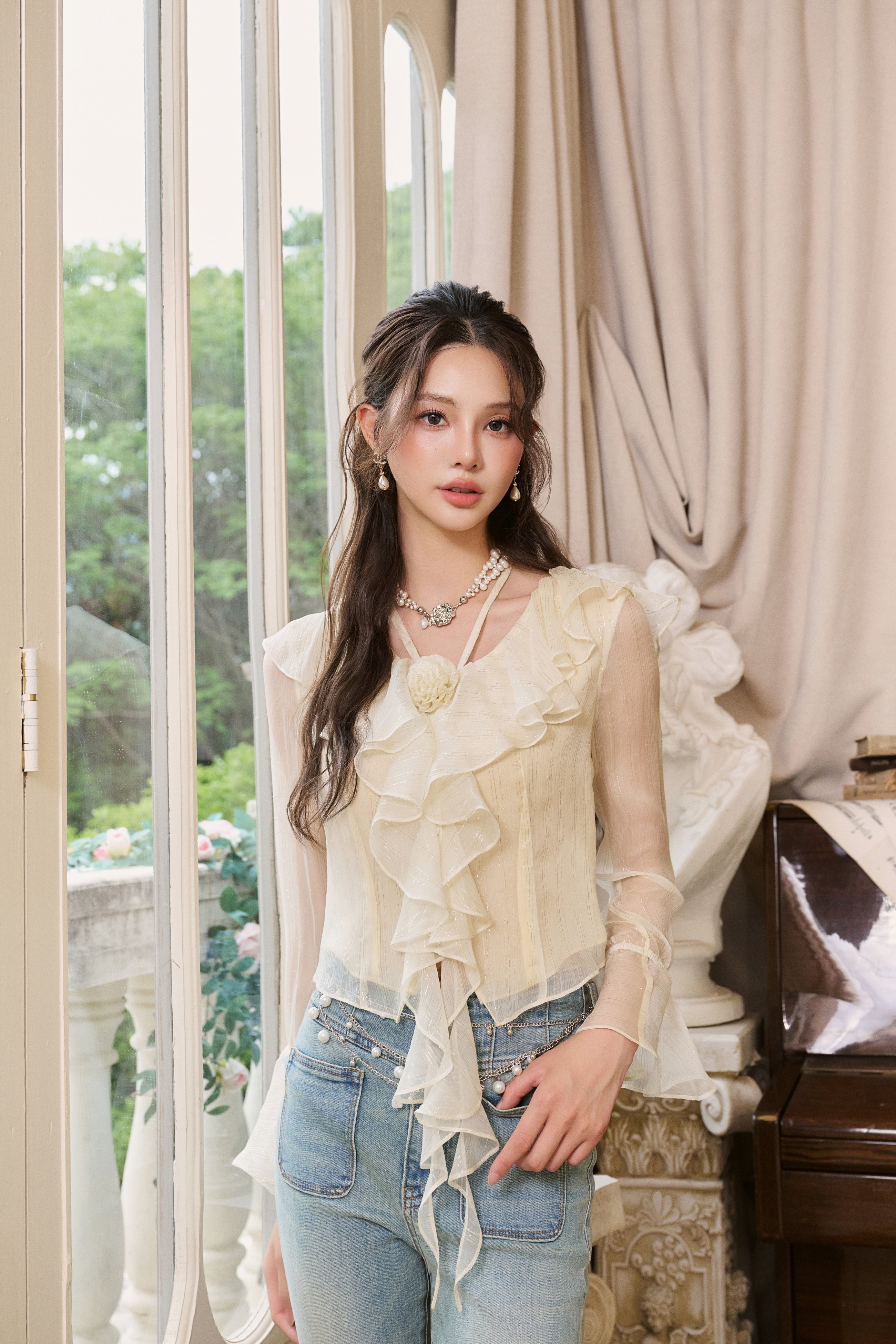 Yellow Silk Flower Ruffled Cardigan