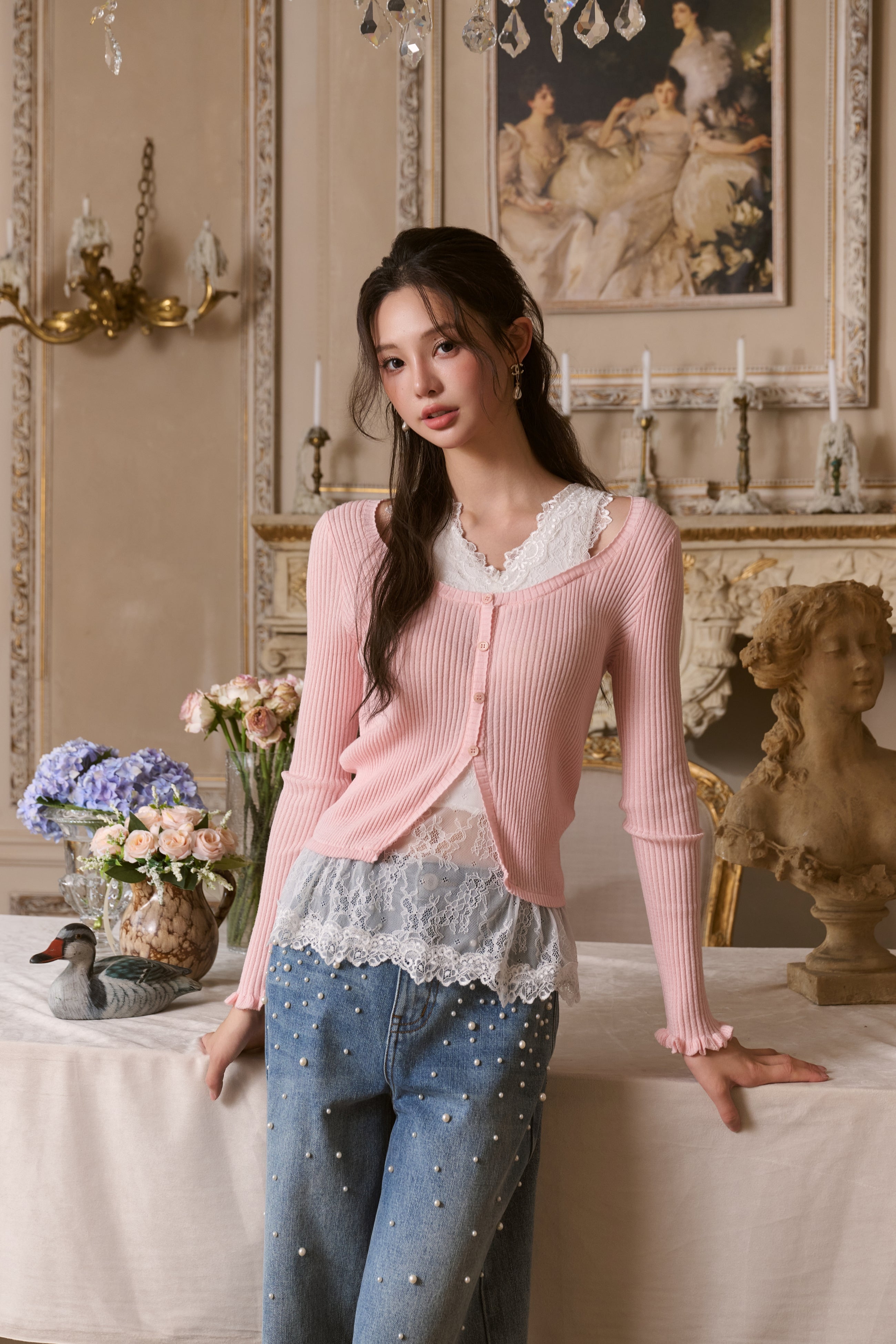 Pink Knitted Lace Two-piece Top