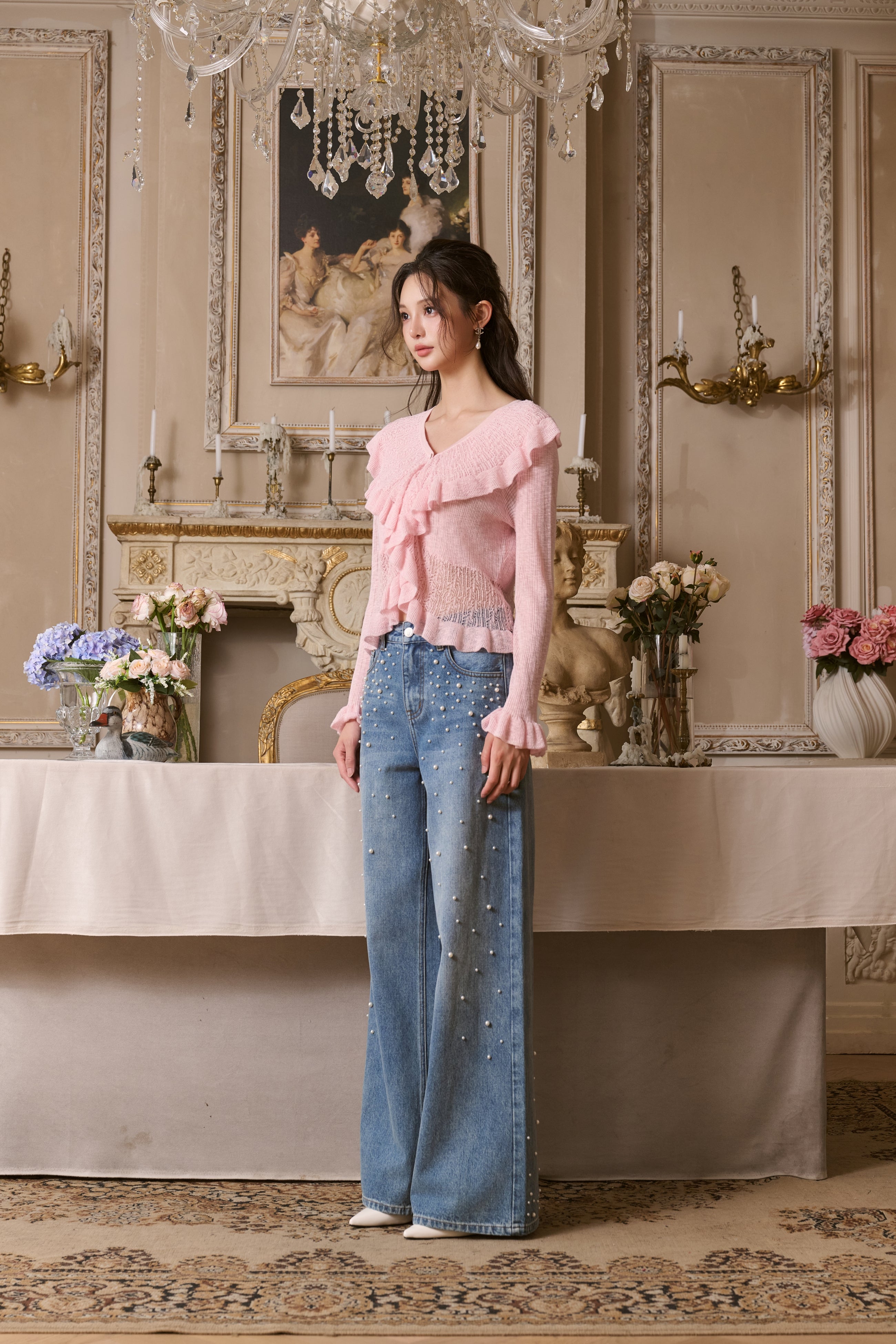 Pink Ruffled V-neck Hollow Cardigan