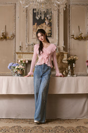 Pink Ruffled V-neck Hollow Cardigan