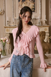Pink Ruffled V-neck Hollow Cardigan