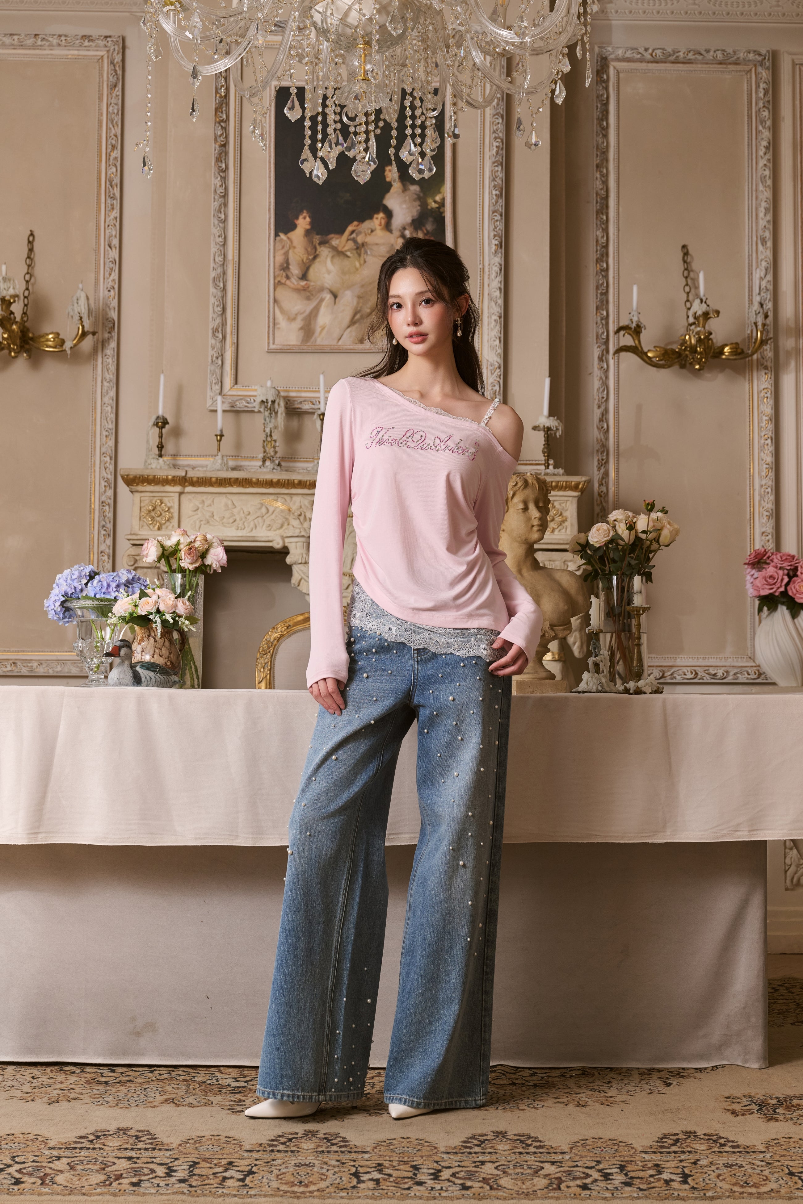 Pink Lace Off-shoulder Rhinestone T-shirt