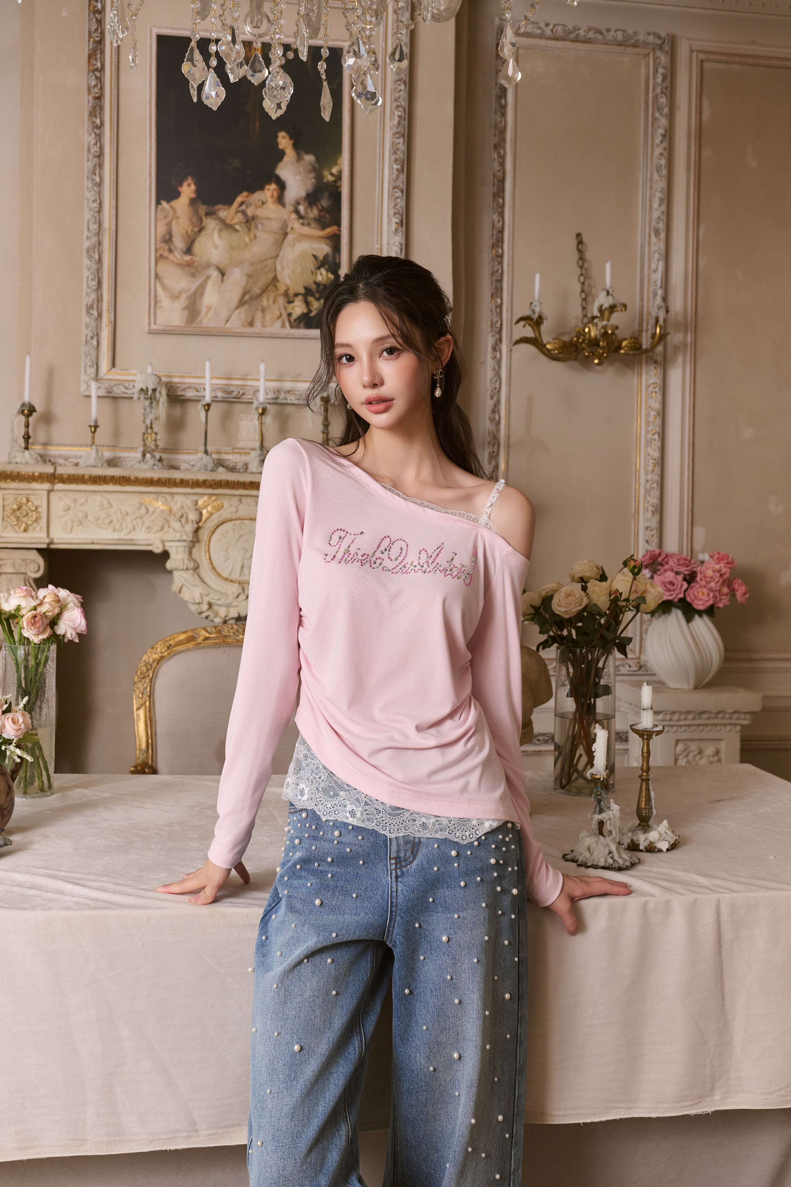 Pink Lace Off-shoulder Rhinestone T-shirt