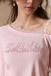 Pink Lace Off-shoulder Rhinestone T-shirt