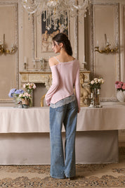 Pink Lace Off-shoulder Rhinestone T-shirt