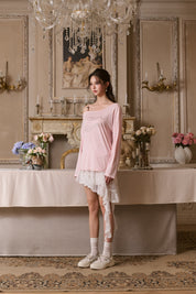 Pink Beaded Off-shoulder Long Sleeve Top