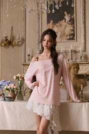 Pink Beaded Off-shoulder Long Sleeve Top