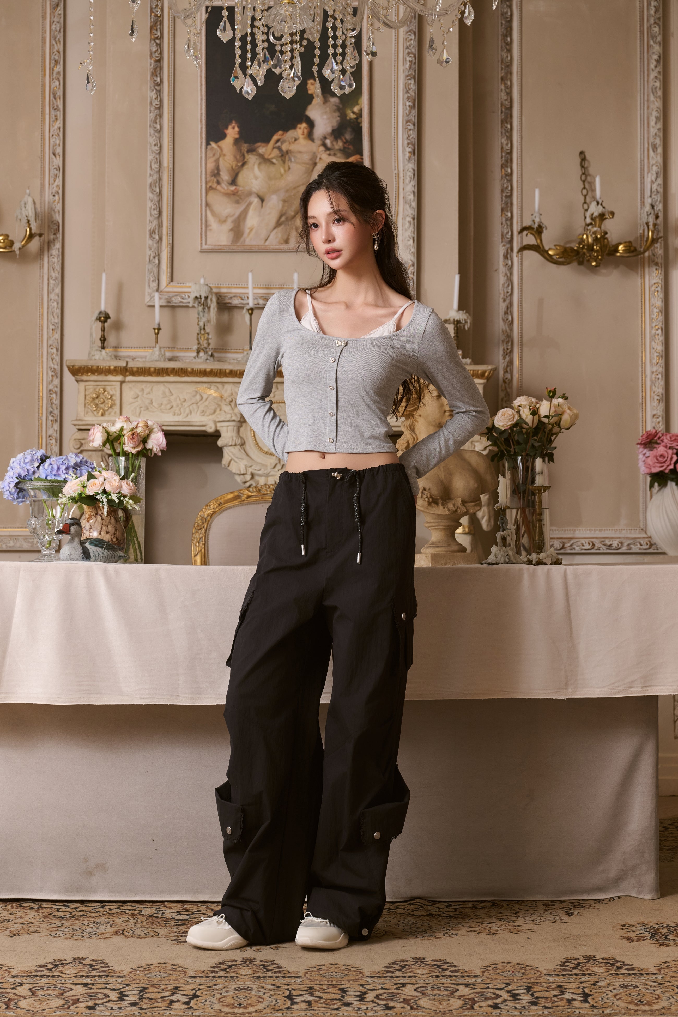 Black Multi-pocket Lace Overalls