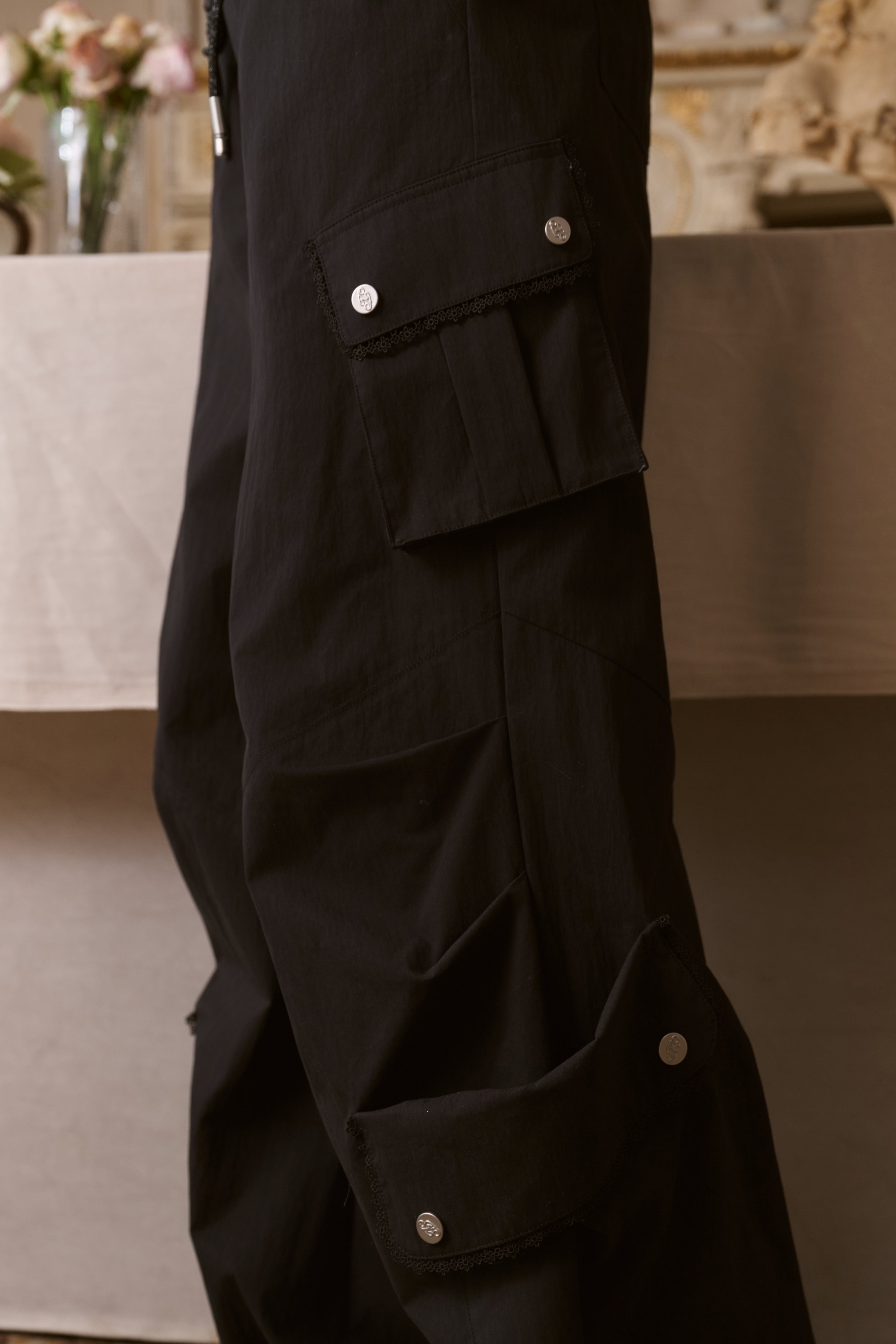 Black Multi-pocket Lace Overalls