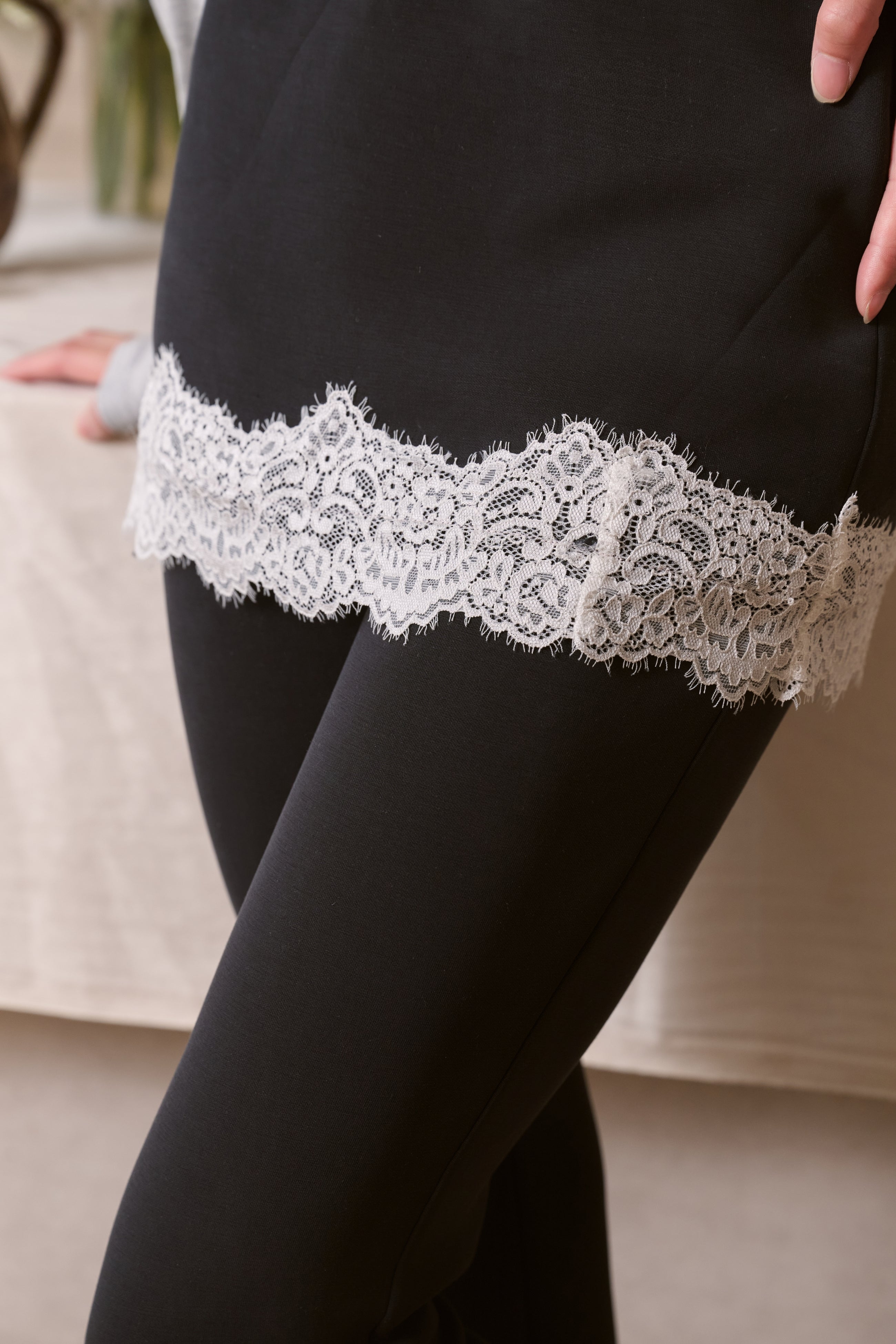 Black Lace-trimmed Flared Yoga Pants