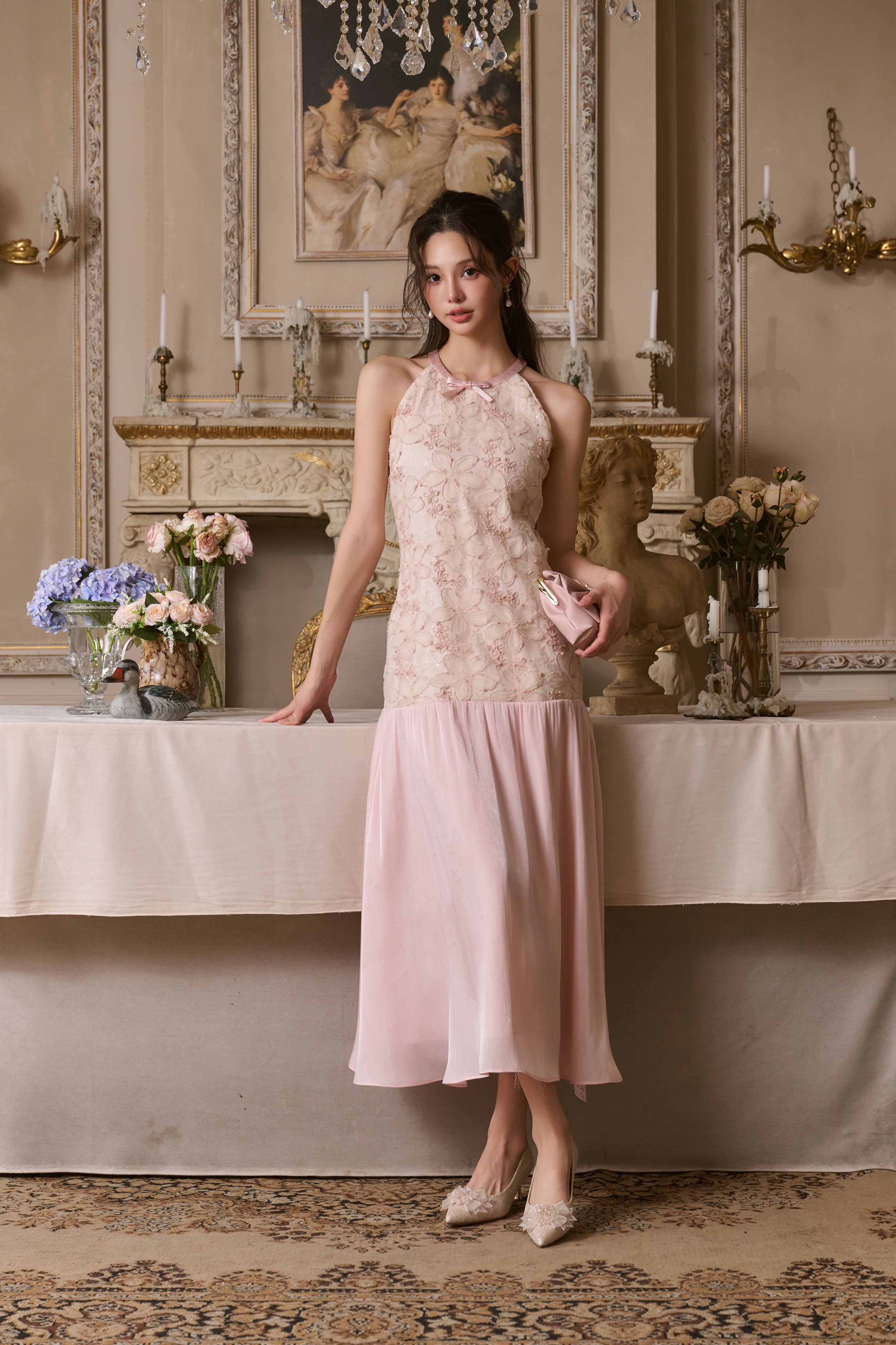 Pink Gilded Flower Halter Dress