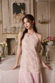 Pink Gilded Flower Halter Dress