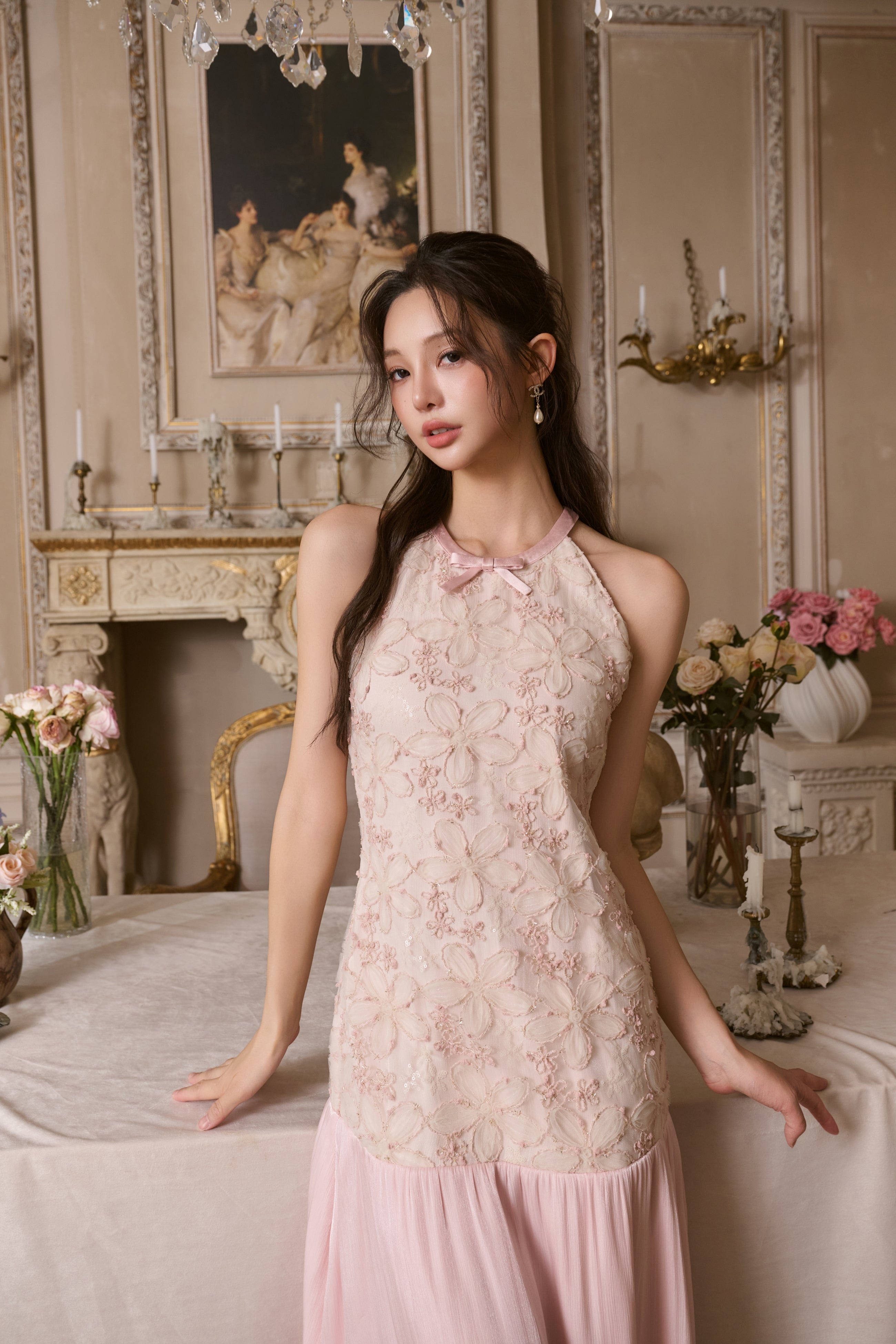 Pink Gilded Flower Halter Dress