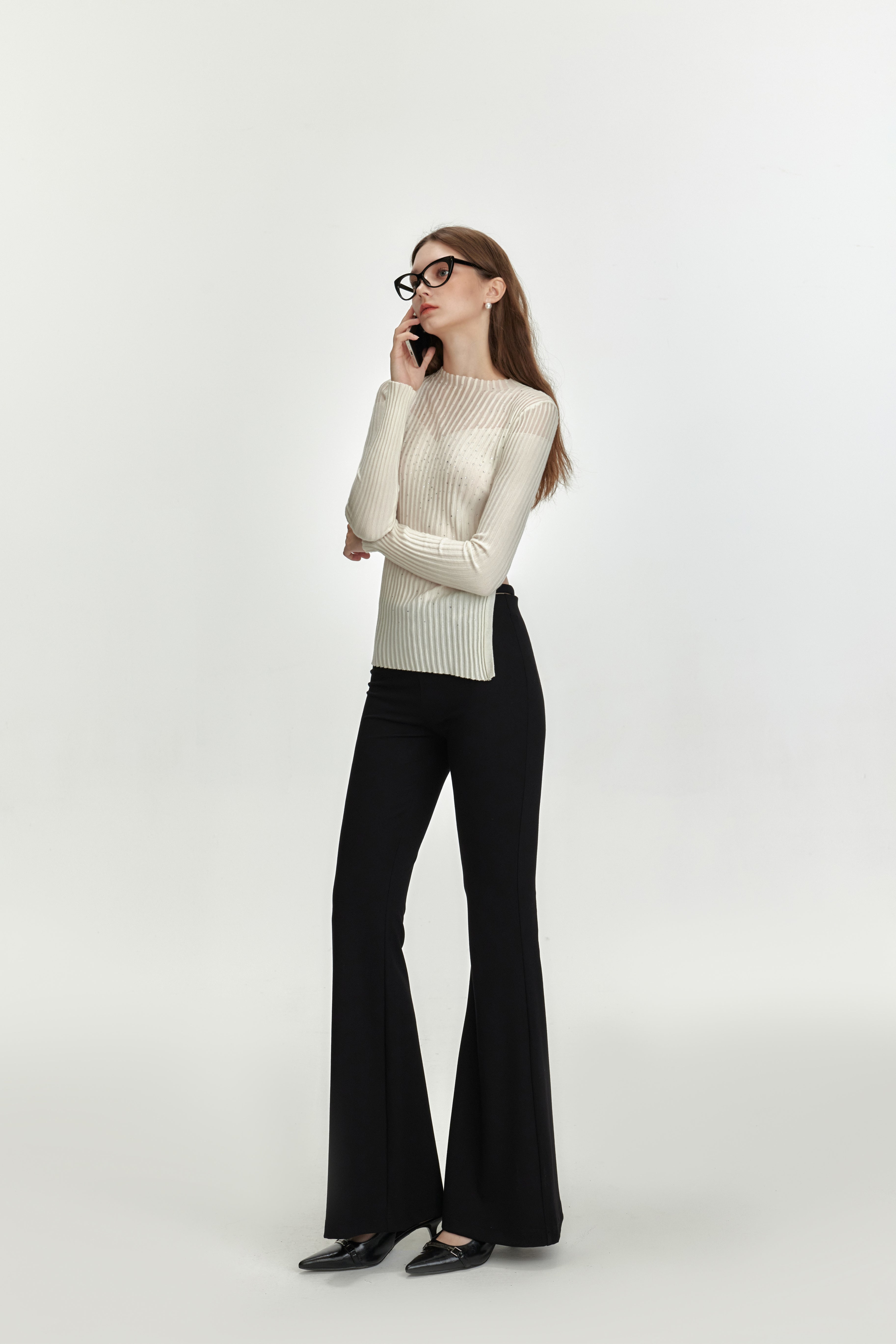 Black Open-waisted Knitted Flare pants