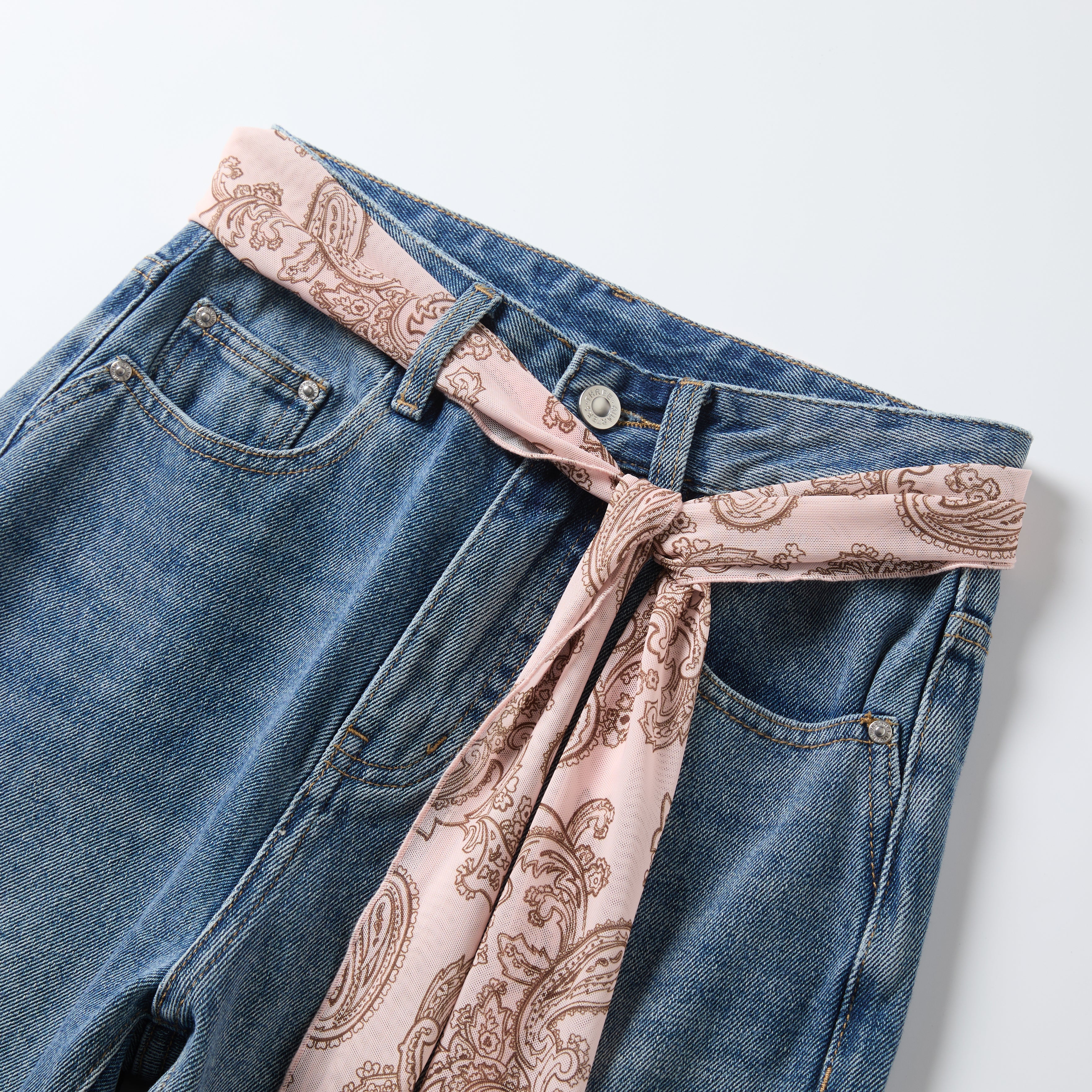 Blue Denim Jean with Pink Paisley Belt